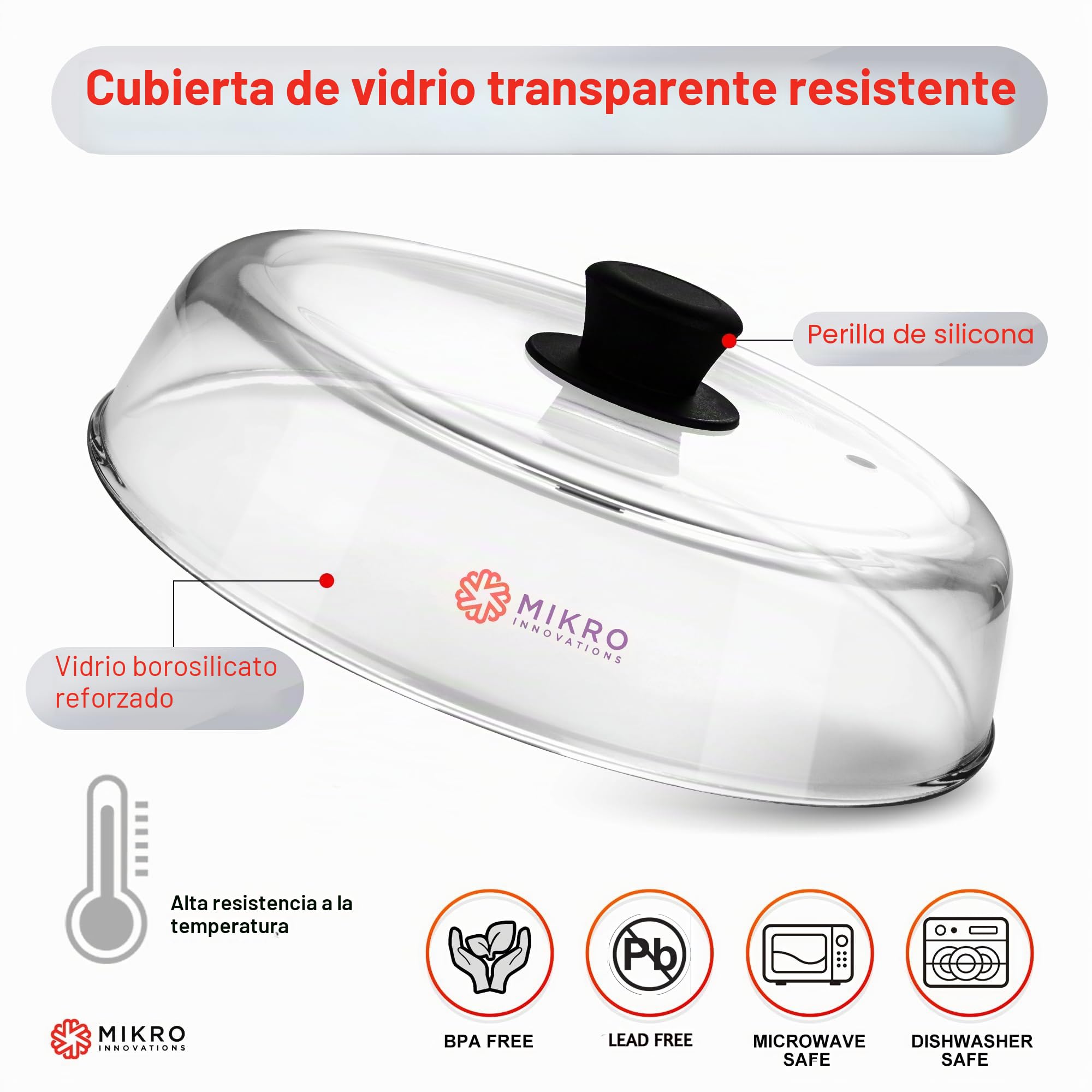 Cubierta de placa de vidrio para microondas para alimentos, resistente protector de salpicaduras de vidrio de borosilicato con agujero de ventilación, 100% apto para alimentos, sin BPA, perilla de