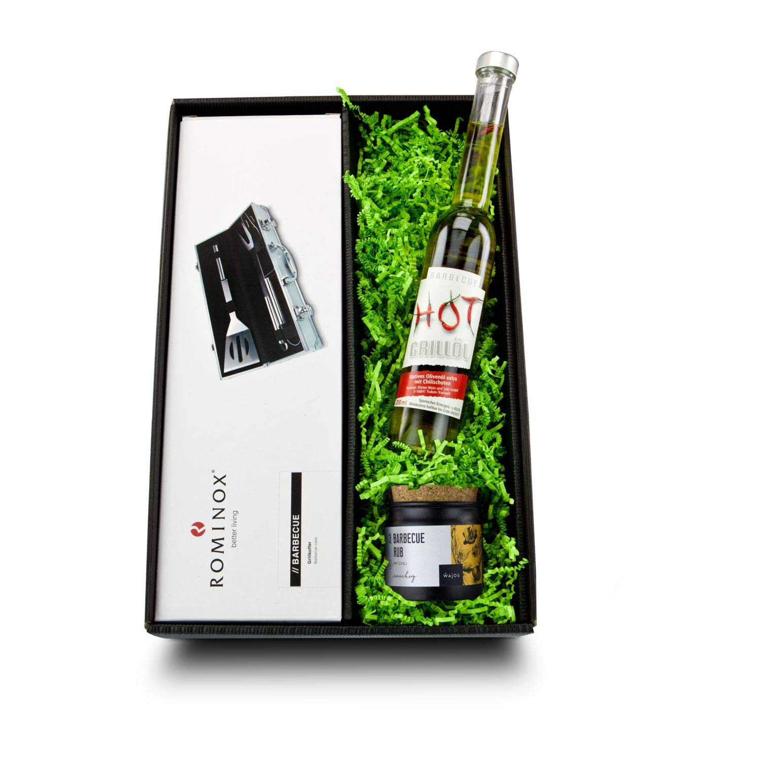 Geschenkset Das Grillset: 7-teilig; 3-teiliges ROMINOX Edelstahl Grillbesteck in hochwertigem Koffer + Chili-Grillöl (0,2 L) + 75 g Wajos BBQ Rub Grillgewürz + Geschenkbox