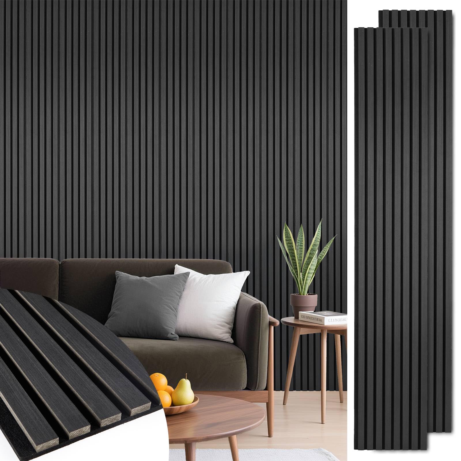 Acoustic Wood Slat Panels 2 Pack 106" x 12.6", Soundproof Wooden Wall Panels, 3D Fluted Panel for Interior Wall Decor, Living Room, Bedroom - Black (Cover Approx. 19 sq.ft)