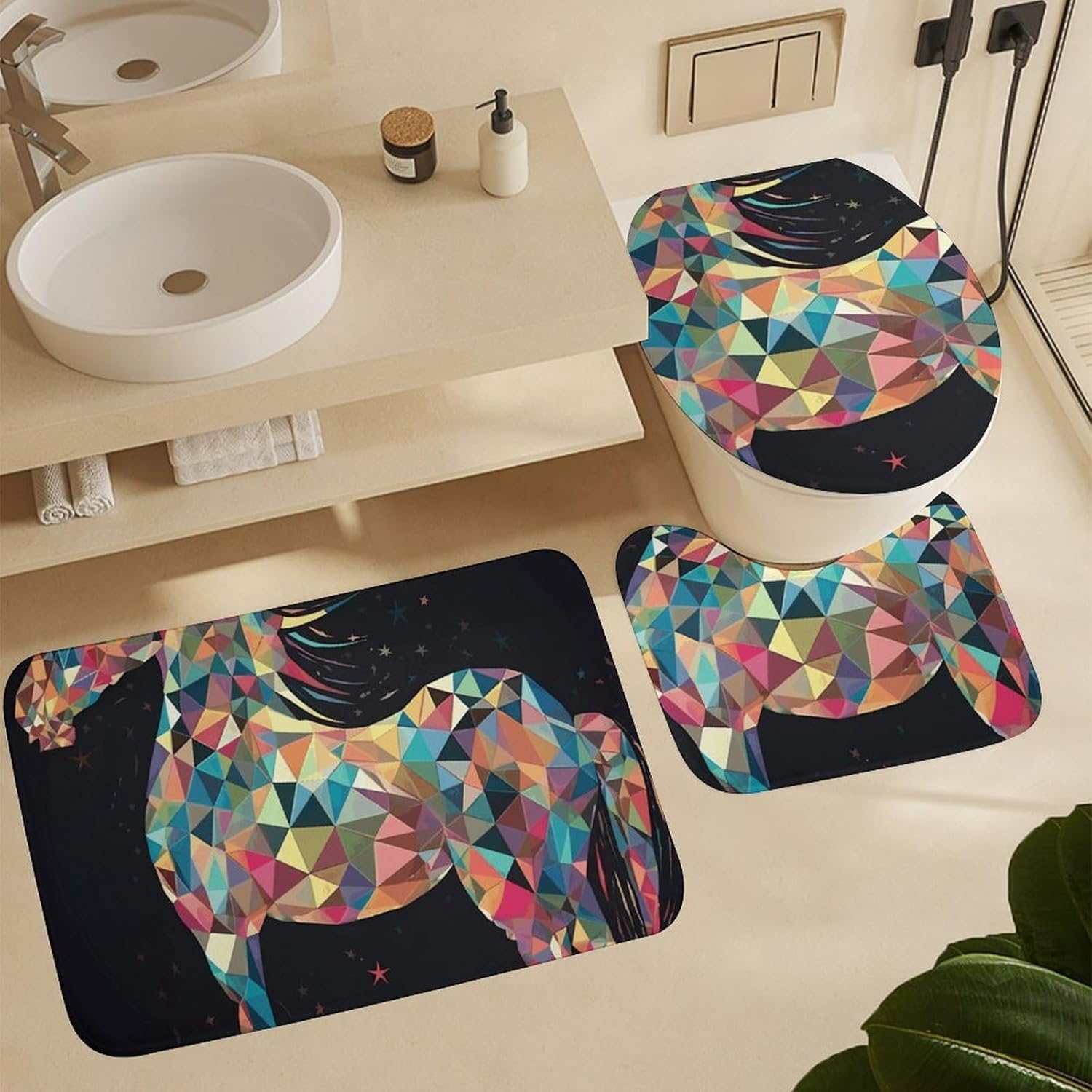 Colorful Horses Shower Curtains Set 4 Piece with Non-Slip Rugs, Toilet Lid Cover and Bath Mat Soft Bathroom Carpet Waterproof Bathroom Curtain with 12 Hooks for Bathroom Decor