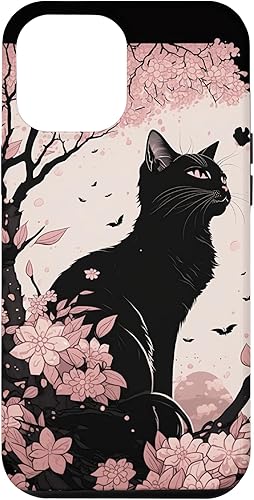 Funda estética para iPhone 12 Pro Max con diseño de gato con flor de cerezo japonés rosa