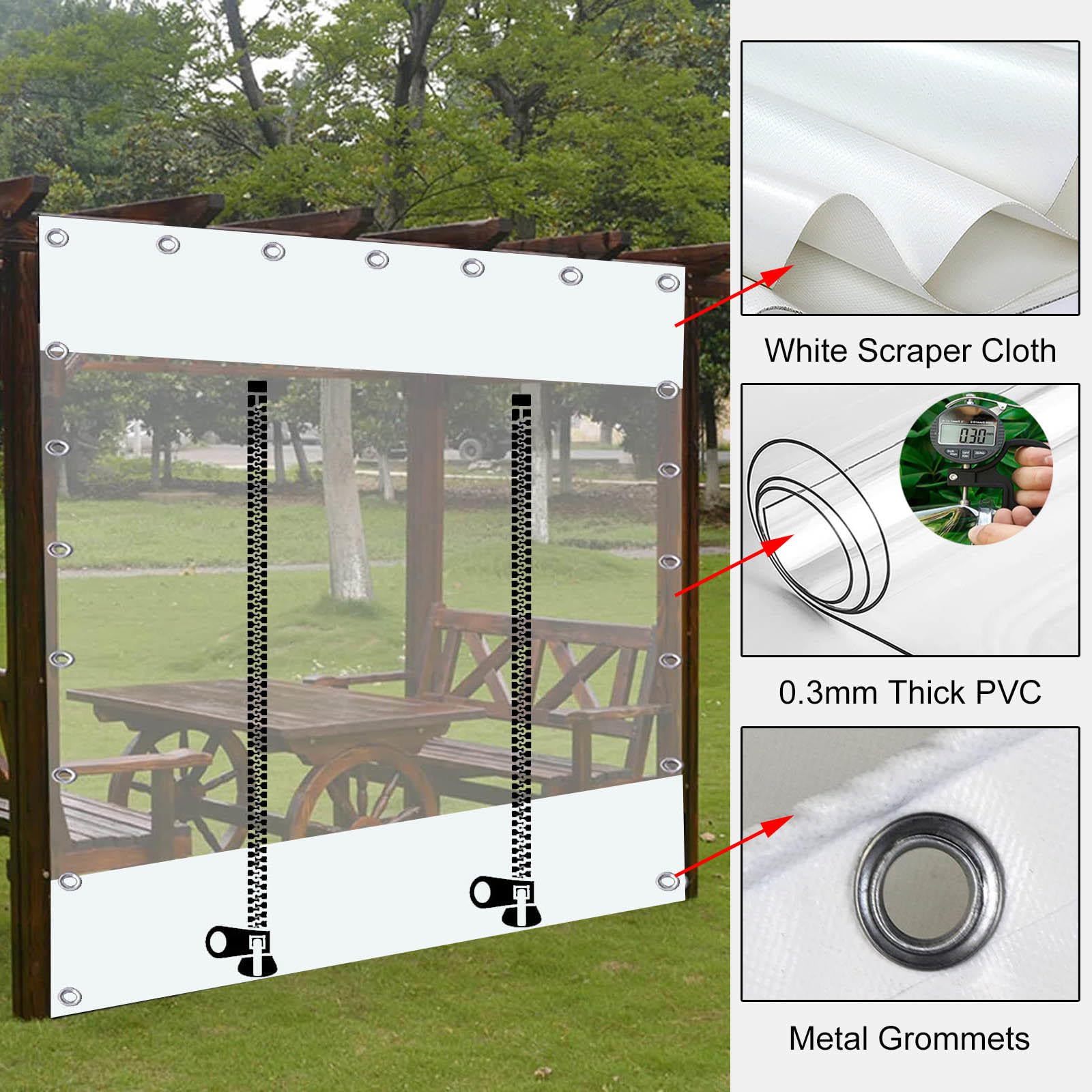 Pxzybd Rideaux transparents avec porte à fermeture éclair, panneaux latéraux en bâche transparente imperméable pour tonnelle portique, bâche en PVC avec œillets, rideaux de séparation, W×H-2×3 m (6,6