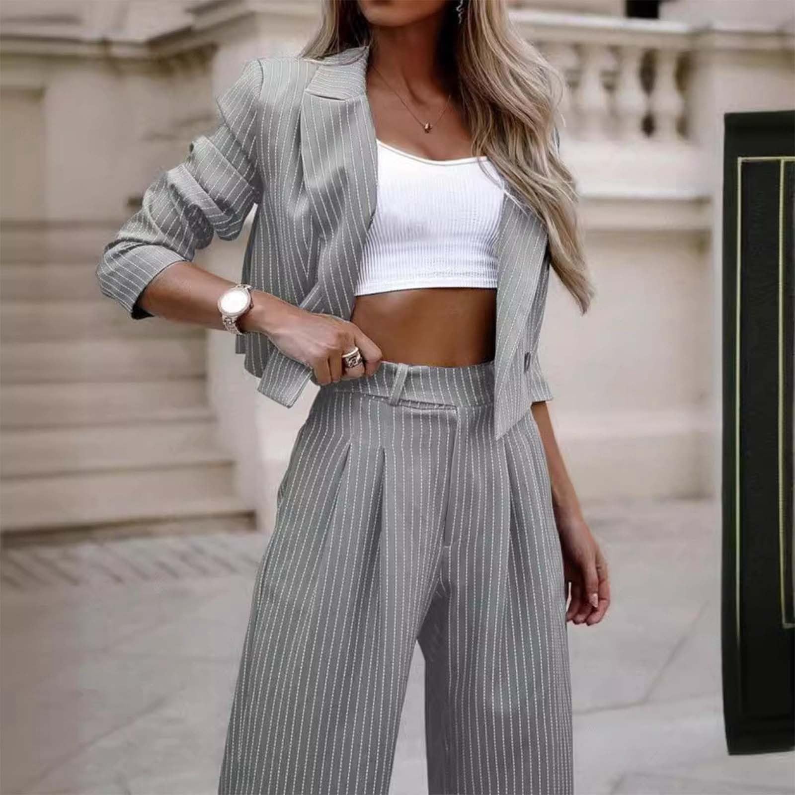Damen Zweiteiliger Anzug Set Revers Gestreifter Drucken Blazer Jack Langarm Anzugjacke Gerade Hose Hosenanzug Business Büro Lässig Mantel Slim Fit Hose 2 Stück Sportlich Freizeitanzug