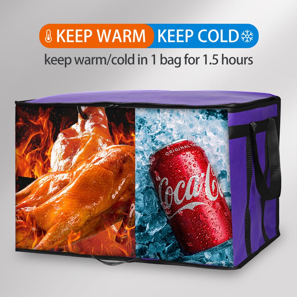 Bodaon Paquete de 1 bolsa aislada para entrega de alimentos, bolsa de aislamiento para alimentos fríos y calientes, comercial, bolsa de calentamiento reutilizable de gran capacidad, color morado