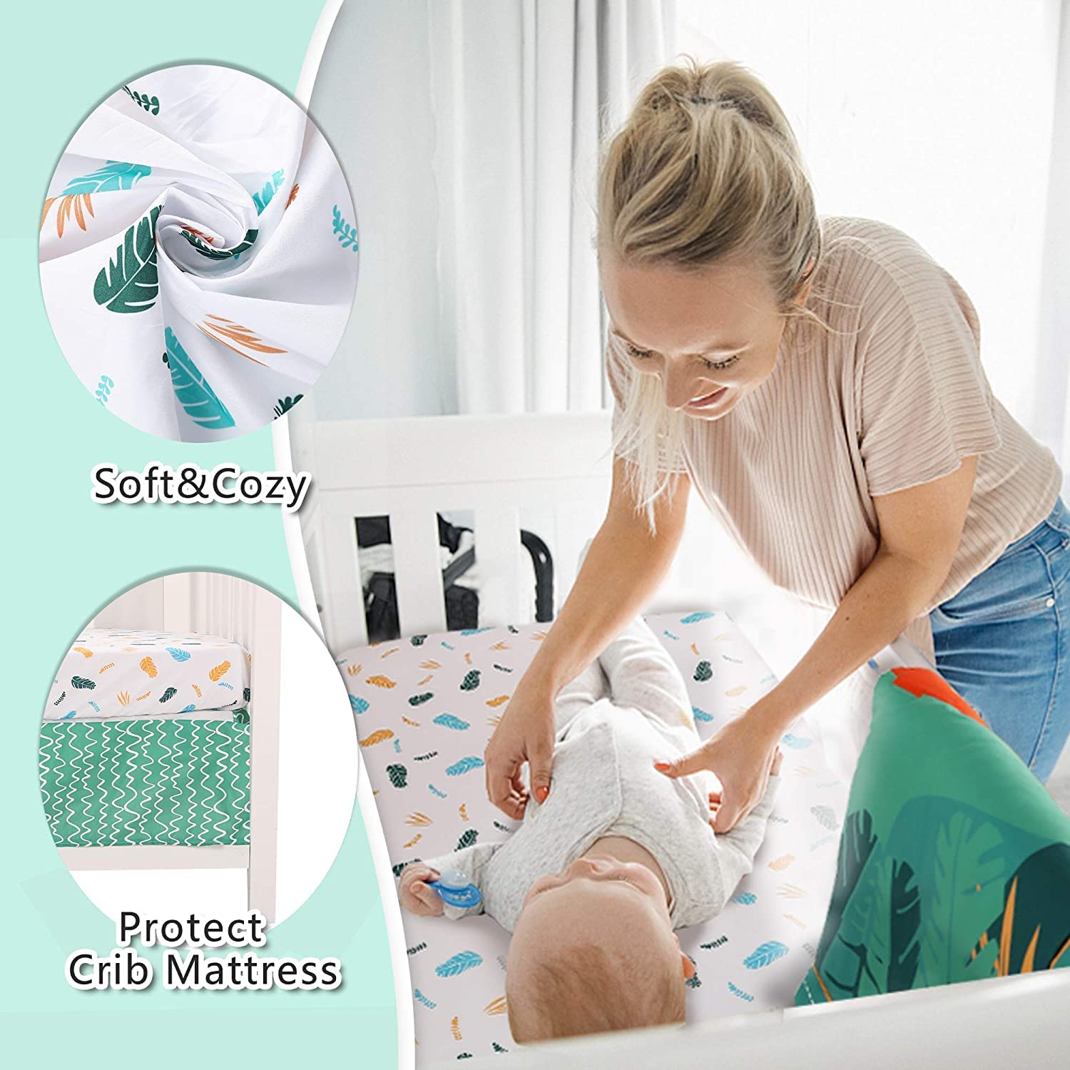 YJM Juego de ropa de cama para niños de 3 piezas, sábana de cuna, falda/cuna incluida, juego de cuna para bebé, lavable a máquina, león verde