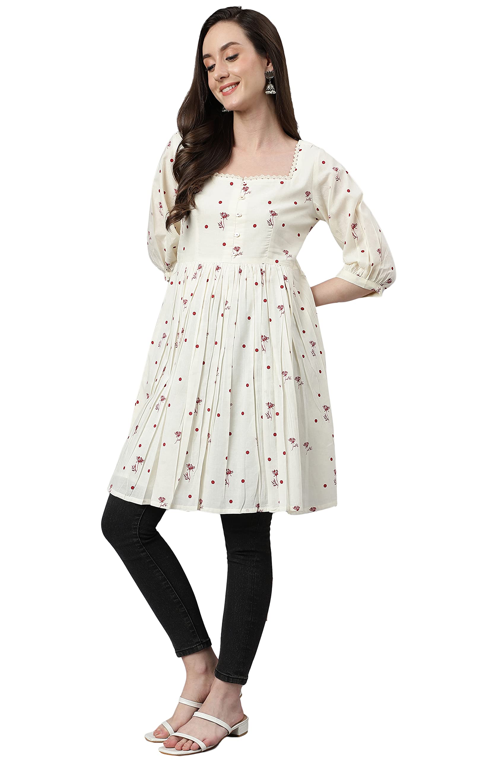 JanasyaIndian Women's Off White Cambric Cotton Botanical Print Flared Tunic