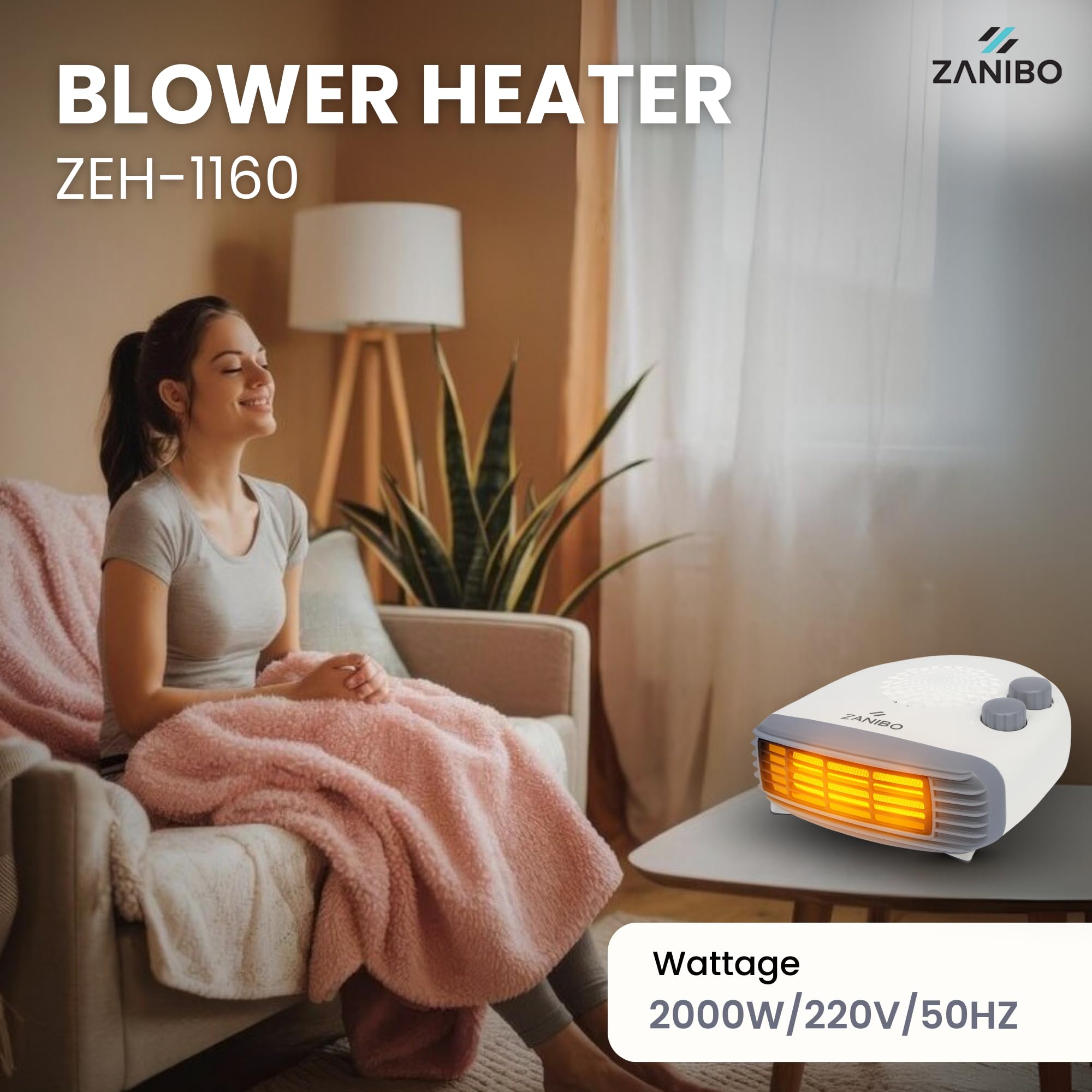 Zanibo | Since 1997 | 2000 Watt Portable Electric Room Fan Heater with 2 Heating Settings (1000/2000W) | Adjustable Thermostat, Overheat Protection | Fast Heating for Office (ZEH-1160)