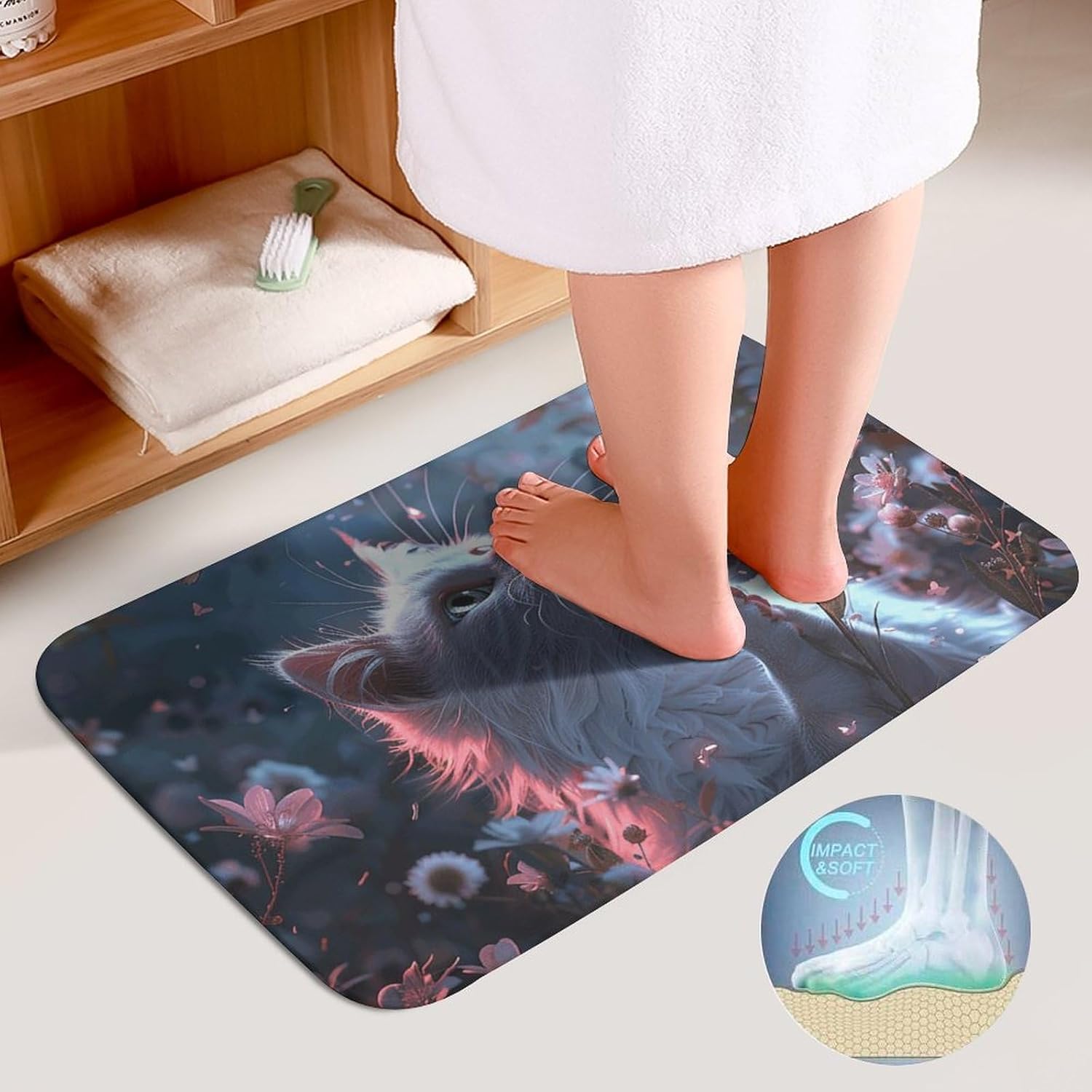 Anti-Skid Floor Mats 3 Piece Set,White Cat in Flowers Printed Coral Fleece Bathroom Mats U-Shaped Contour Mat Toilet Seat Cover for Bathroom, Tub, Shower, Kitchen 19.7"x31.5"