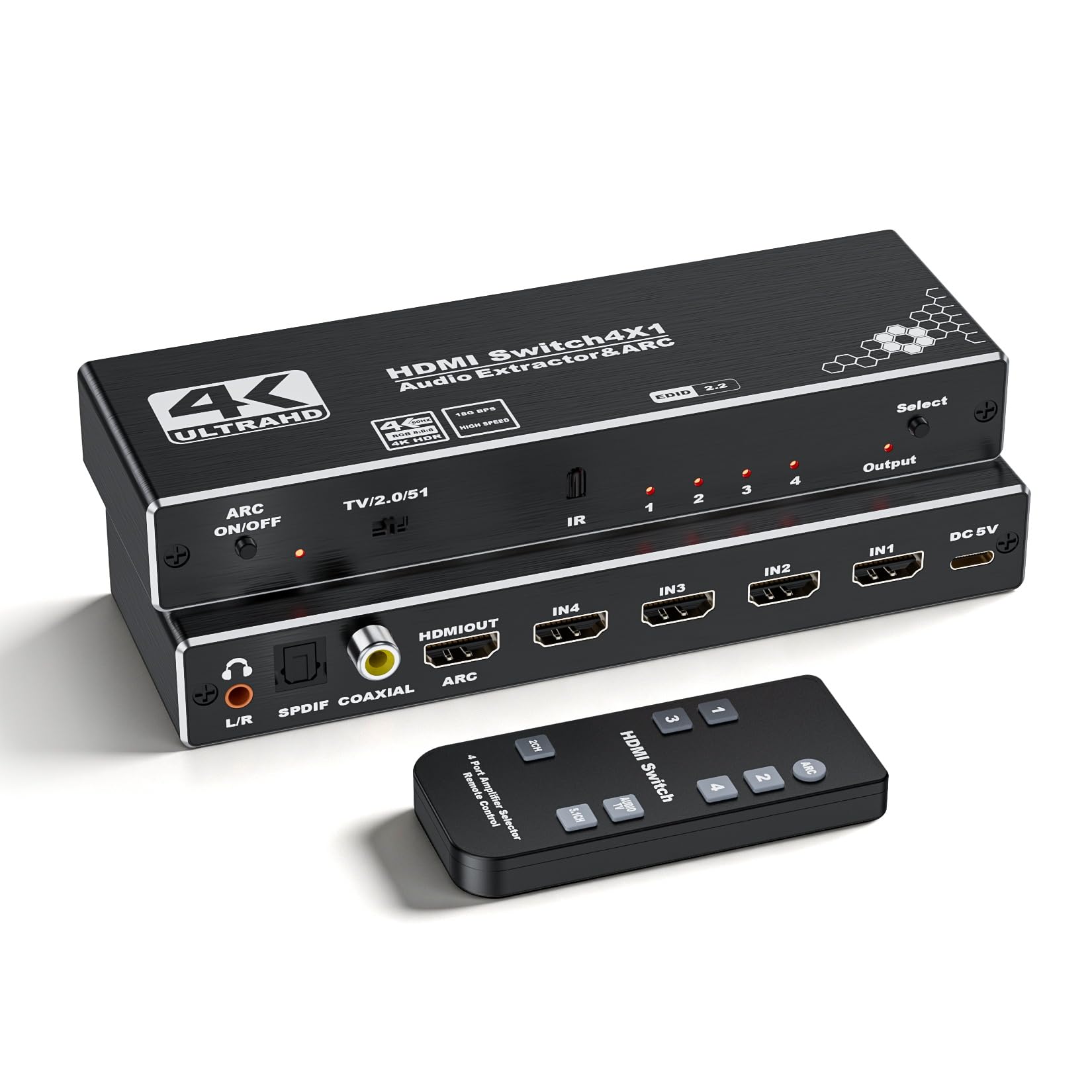 4 porte 4K HDMI Switch Audio Extractor con Toslink ottico SPDIF/coassiale / 3.5mm L/R Audio Out, 4 in 1 Out HDMI 2.0b Switcher con telecomando Supporto ARC, HDR, HDCP 2.2, 18Gbps, 3D