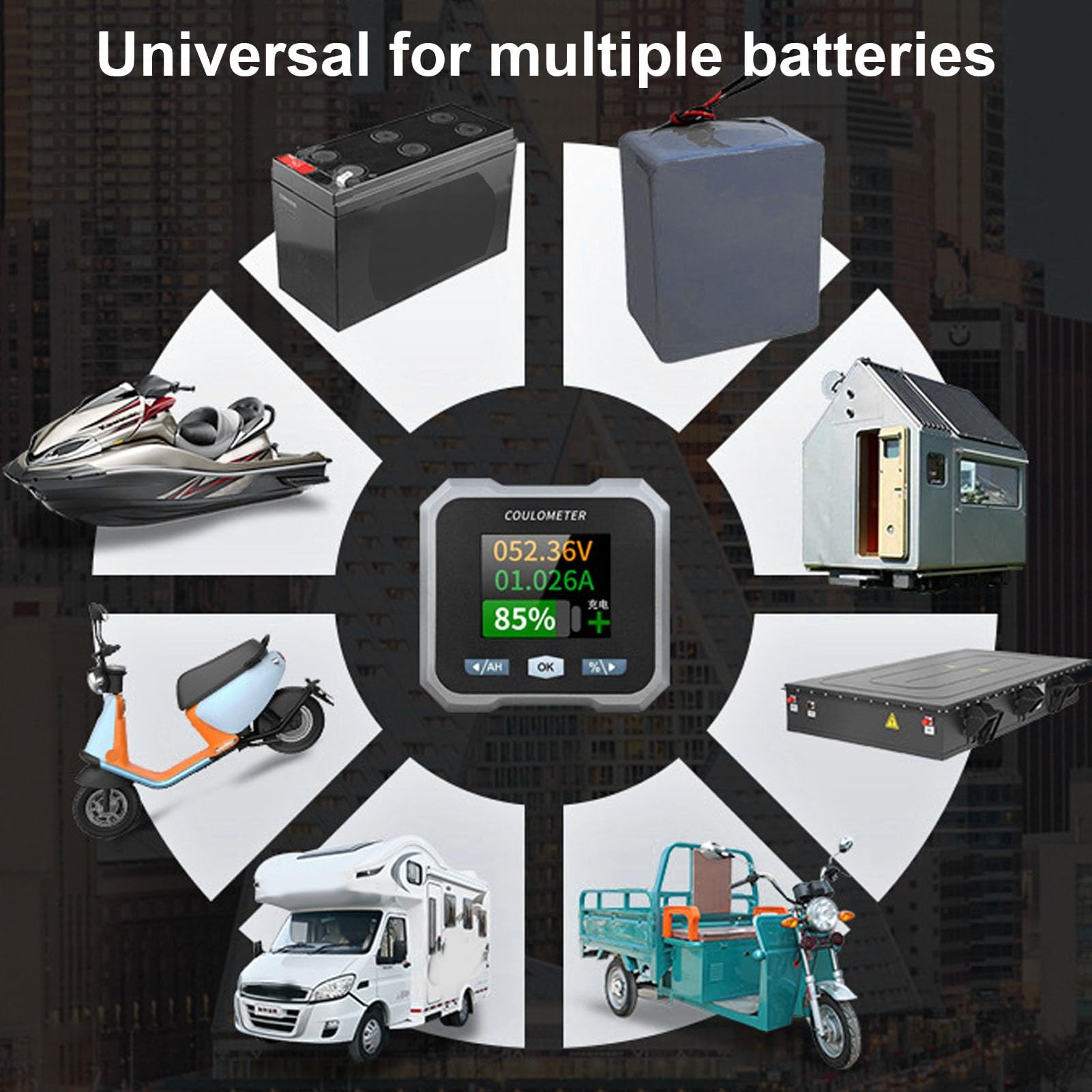 Monitor batteria impermeabile con shunt compatibile con motociclette e barche, misuratore di capacità 10-100 V 50 A per sistemi al litio e piombo acido, Bluetooth con schermo