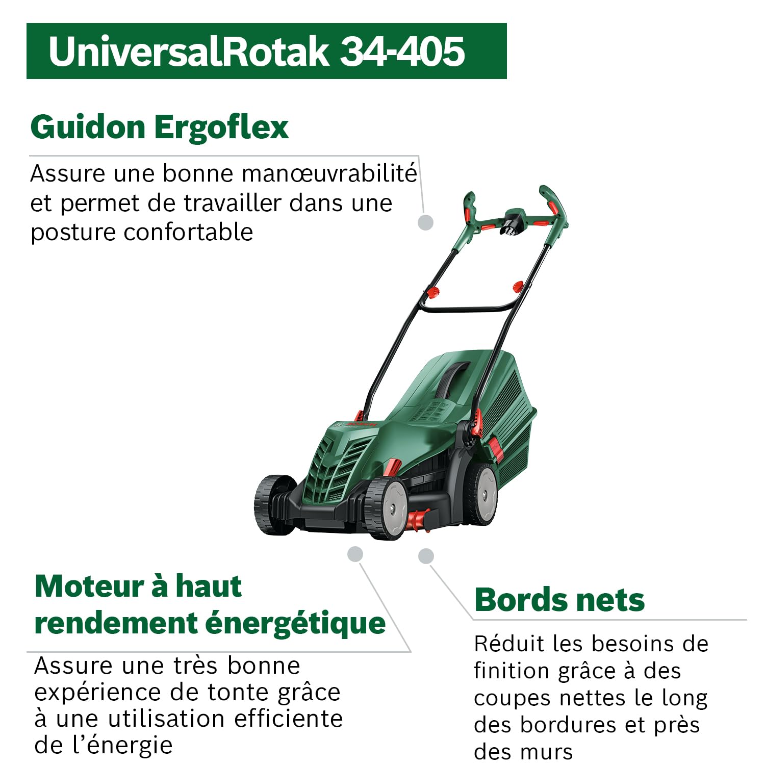 Bosch Tondeuse à Gazon Filaire UniversalRotak 34-405 (Moteur de 1 300 W, Largeur de Coupe : 34 cm, bac de ramassage 40 litres, pour la Tonte Uniforme de pelouses en Laissant des Bordures Propres)
