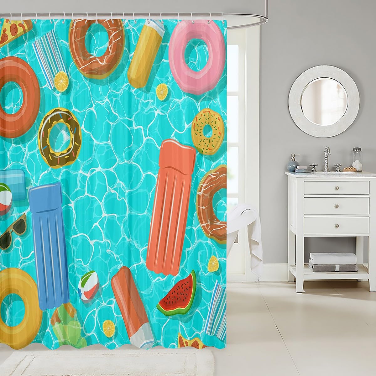 Castle Fairy Enjoy Summer Theme Swimming Pool Shower Curtain Bathroom Cartoon Kids Room Bathroom Decor Hooks Waterproof Microfiber Soft 72" W x 84" L