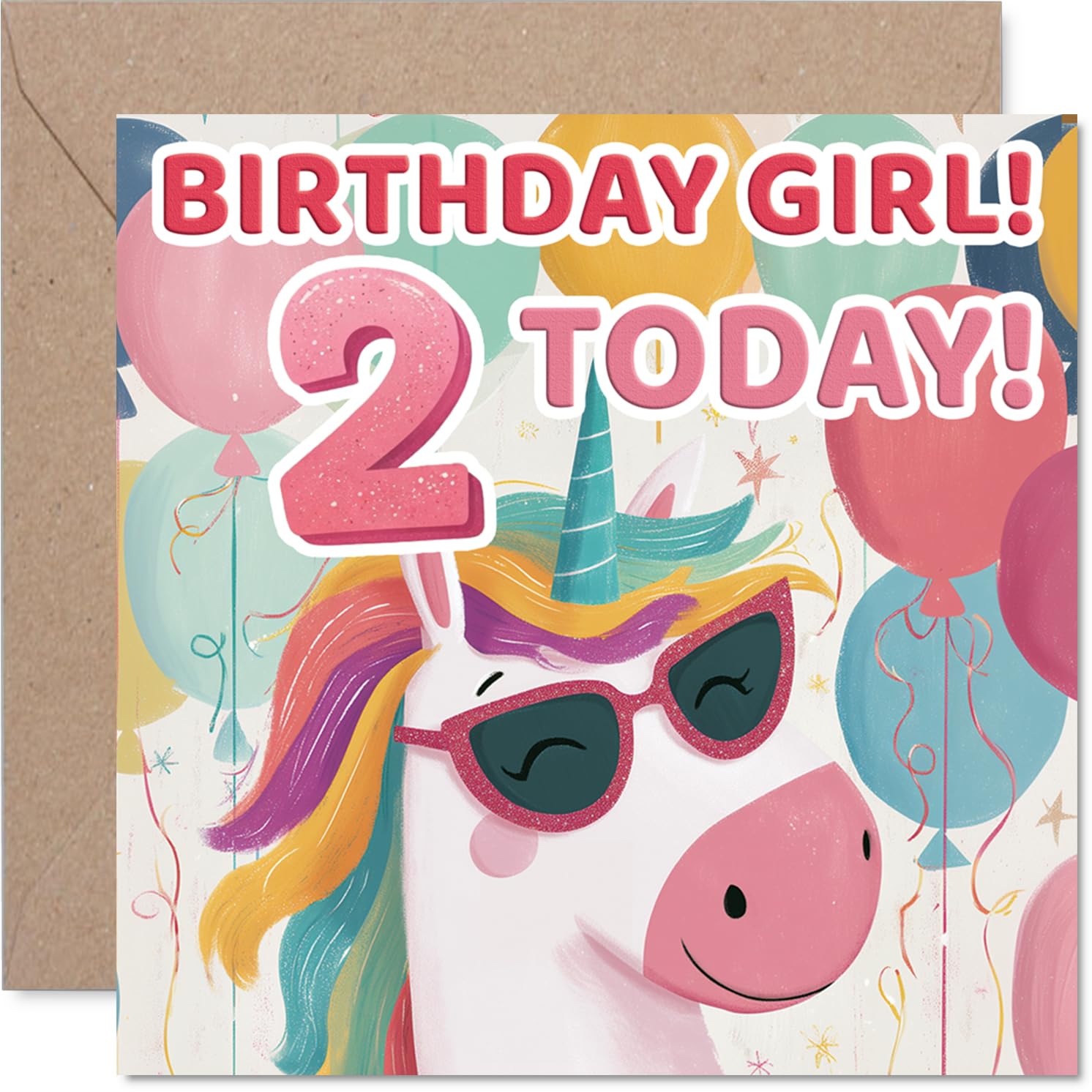 Playful 2nd Birthday Card - Unicorn in Sunglasses Brings the Party - Colourful Balloons and 'BIRTHDAY GIRL! 2 TODAY!' Text - 145mm Square, Envelope Included