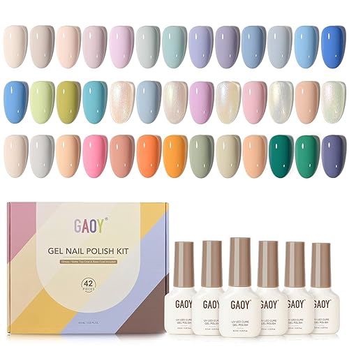 Miniatura 7 de GAOY Juego de 42 esmaltes de uñas de gel, color negro, marrón y rojo con purpurina, para todas las estaciones, con capa superior brillante y mate y