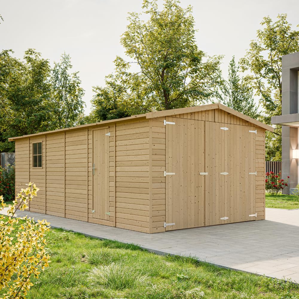 Garaje de Madera Natural - cobertizo en Pino/Abeto - A222x616x324 cm / 18 m² - Construcción Paneles - Taller de jardinería - Almacén de automóviles, cobertizo para Herramientas-TIMBELA M102