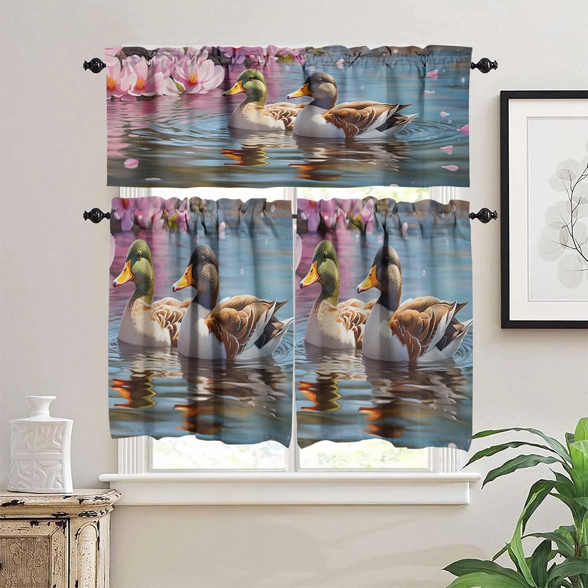 Mallard Duck 3 Piece Window Curtain Set Spring Nature Reed Field Pond Tulips Wild Ducks Rod Pocket Short Tier Curtain Small Cafe Drapes for Kitchen Decor