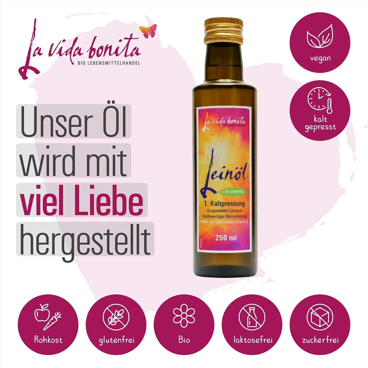 Leinöl mit Weizenkeimöl | DOPPEL-Pack 2x 750 ml | 100% frisch aus 1. Kaltpressung in Deutschland I Reich an Omega-3-Fettsäuren | vegan, Rohkost, laktosefrei & glutenfrei