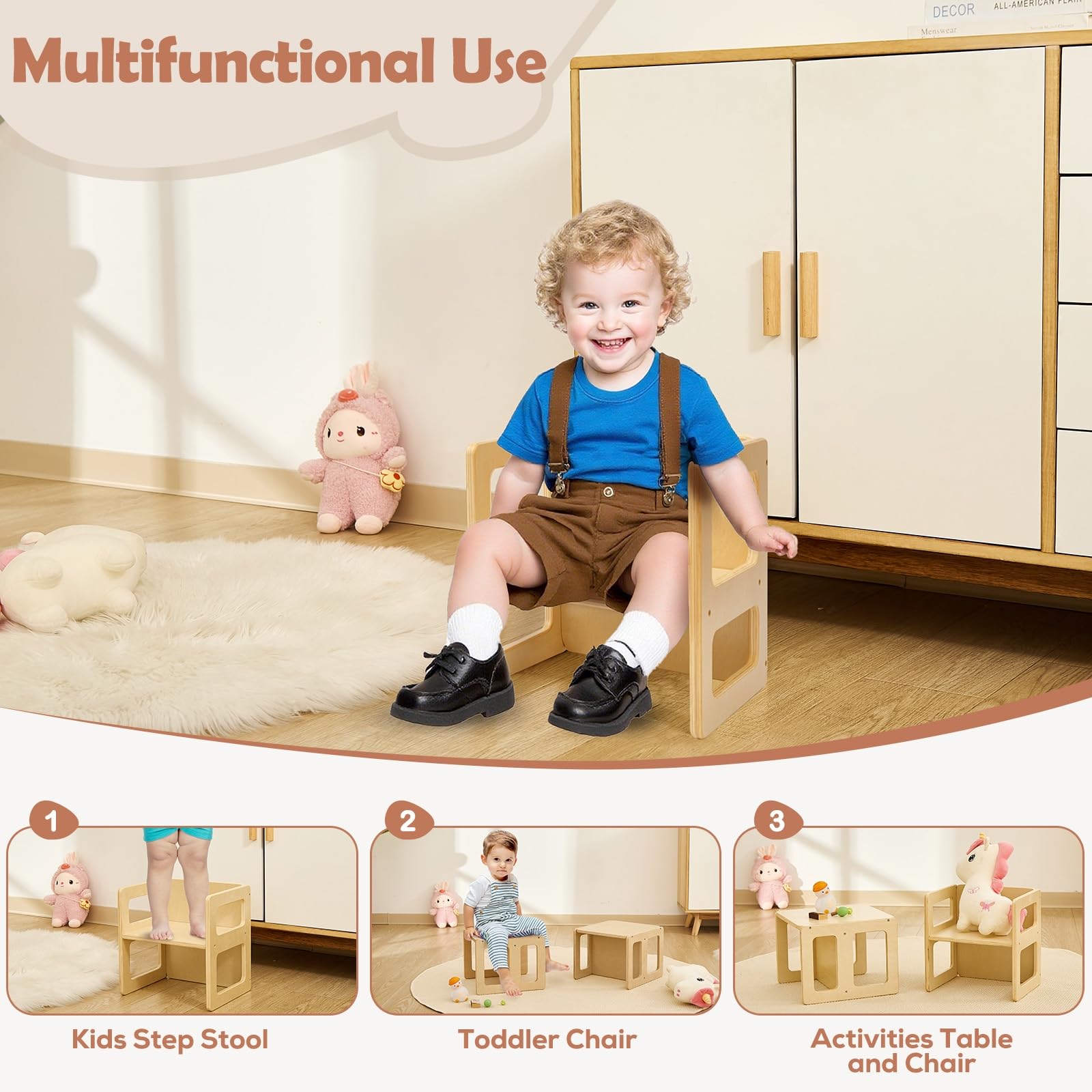 FUNLIO Höhenverstellbarer Montessori Entwöhnungsstuhl für 1-3 Jahre, Qualitätsstuhl aus Massivholz, zum Essen/Lesen/Spielen, Montessori-Möbel mit CPC-Zertifikat - Natur