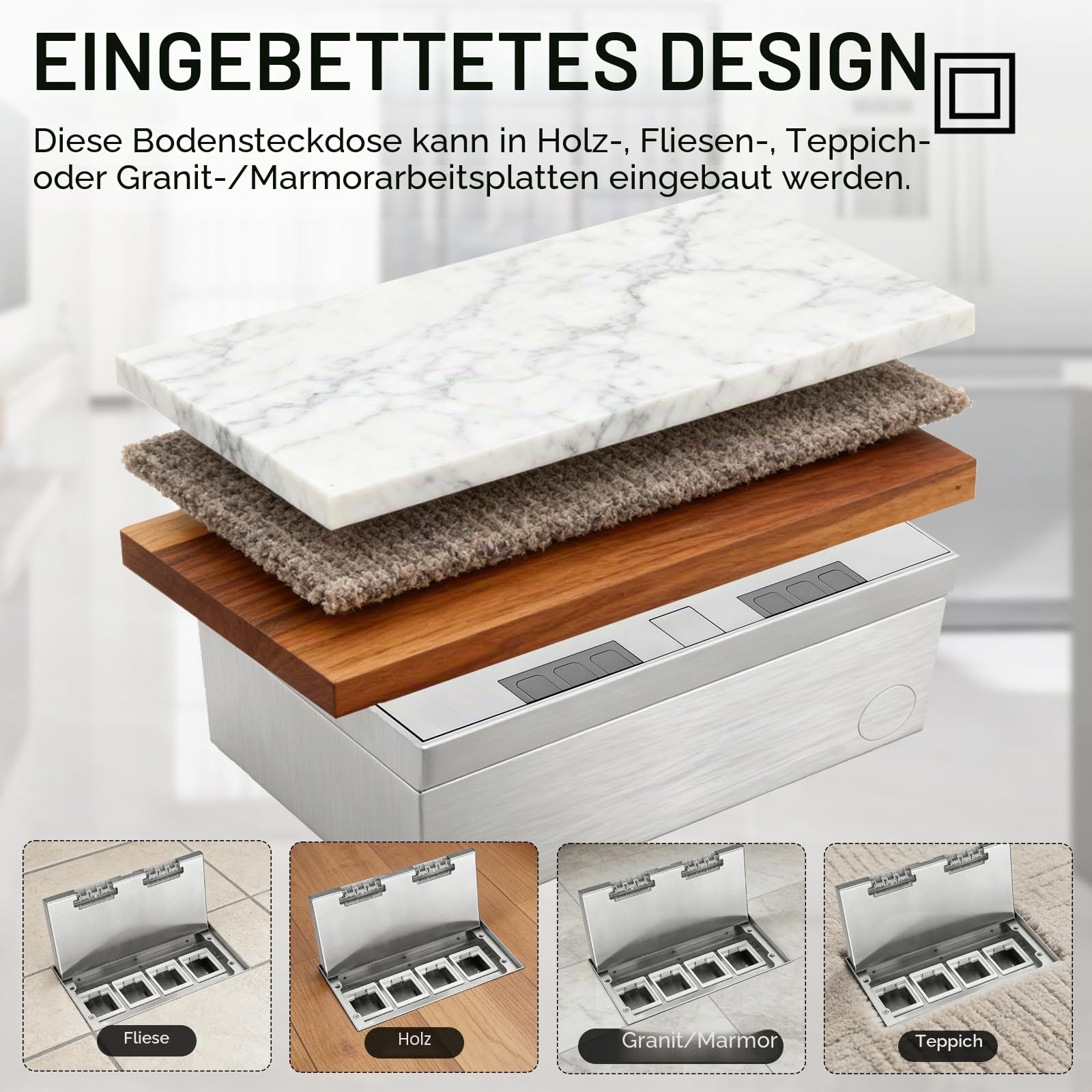 Bodentank Bodensteckdose, 4000W/16A Einbausteckdose aus Edelstahl Wasserdichte Bodeneinbaudose für Küche Wohnzimmer Büro, Bodeneinbau Steckdosenbox Versenkbar Bodentank 4 Fach 250 * 130mm