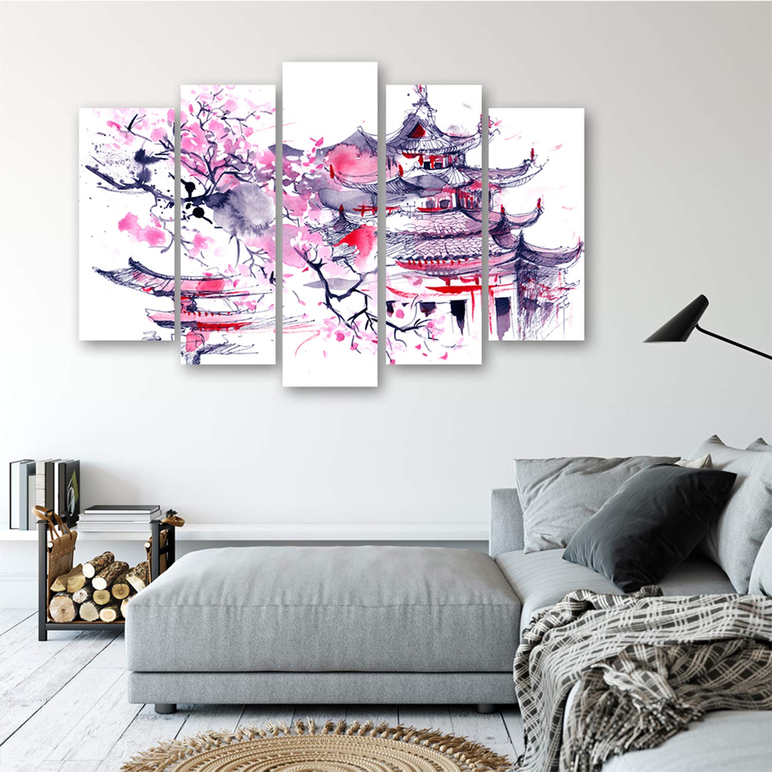 Feeby Bilder Japanischer Kirschbaum 100x70 cm - 5 Teile Modern Wand Bild Wandbilder Kunstdruck Bild auf Leinwand Wandekoration Design Wohnzimmer Schlafzimmer Büro Flur Natur Abstrakt Lila