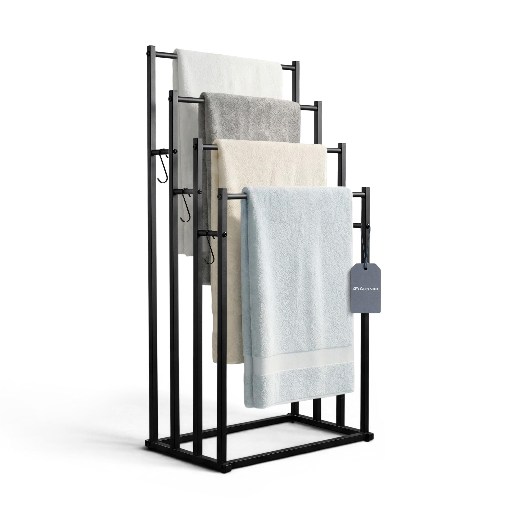 Allyson® Porte-serviettes sur pied noir à 4 niveaux avec 3 crochets, porte-serviettes autoportant, sans perçage, en acier au carbone, 94 cm, échelle et porte-serviettes pour salle de bain, minimaliste