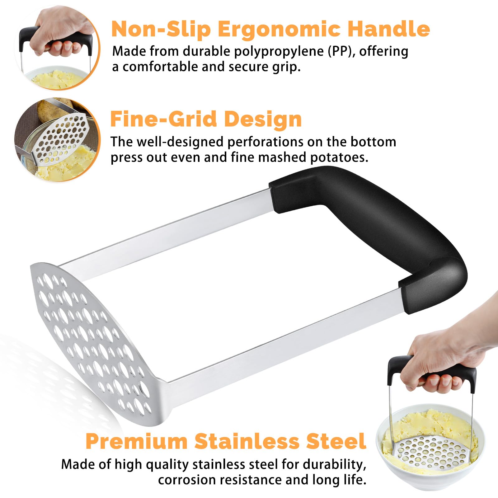 Triturador de patatas, Pleafind Potato Masher Stainless Steel, utensilio de cocina duradero con mango antideslizante, perfecto para judías, verduras, frutas, aguacate, apto para lavavajillas