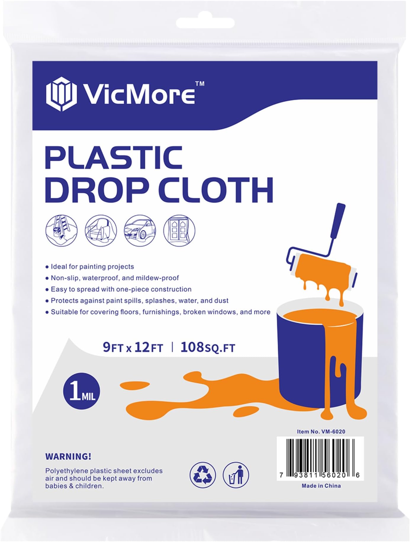 VICMORE Clear Plastic Drop Cloth 9 x 12 Ft, 1 Mil, 1 Pack | Clear 1 Mil PE Sheeting for Painting, Floor and Furniture Cover, Waterproof Barrier, Dust Control, DIY Setup and Cleanup