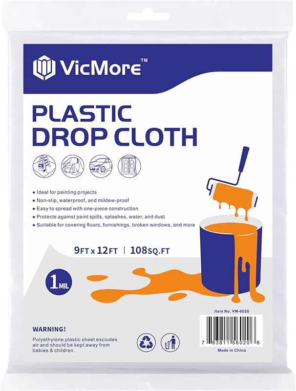 VICMORE Clear Plastic Drop Cloth for Painting, 9 x 12 Ft | 1 Mil