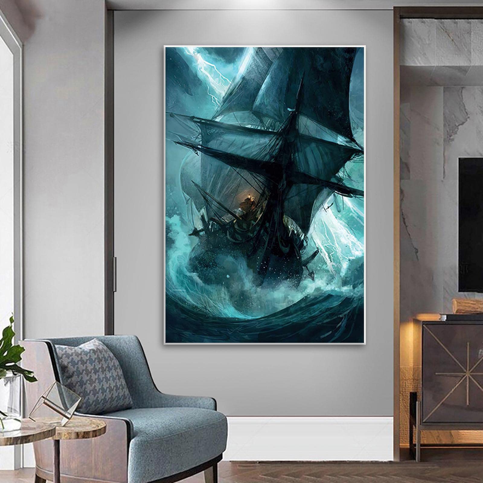 Amazon｜キャンバスの絵画の海の船のプリント青い帆船