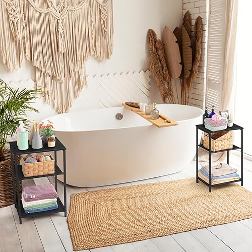 Miniatura 5 de melos Juego de 2 mesitas de noche, mesa auxiliar de 3 niveles para espacios pequeños, mesa auxiliar estrecha con estante de almacenamiento, mesitas