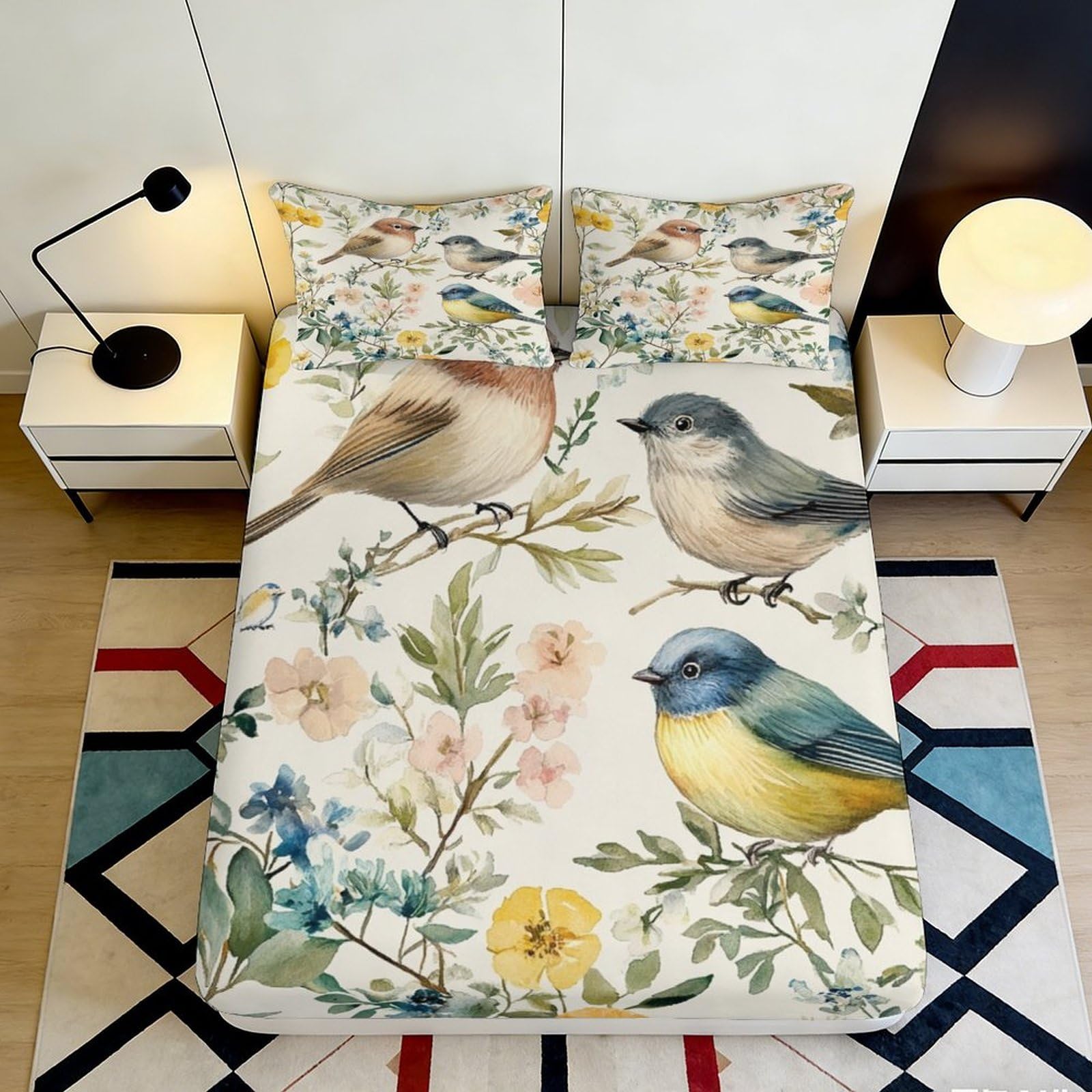 3D Printed Watercolor Bird Fitted Sheet Microfiber Floral Branch Mattress Cover Bedroom Decor Machine Washable 90x200x25cm