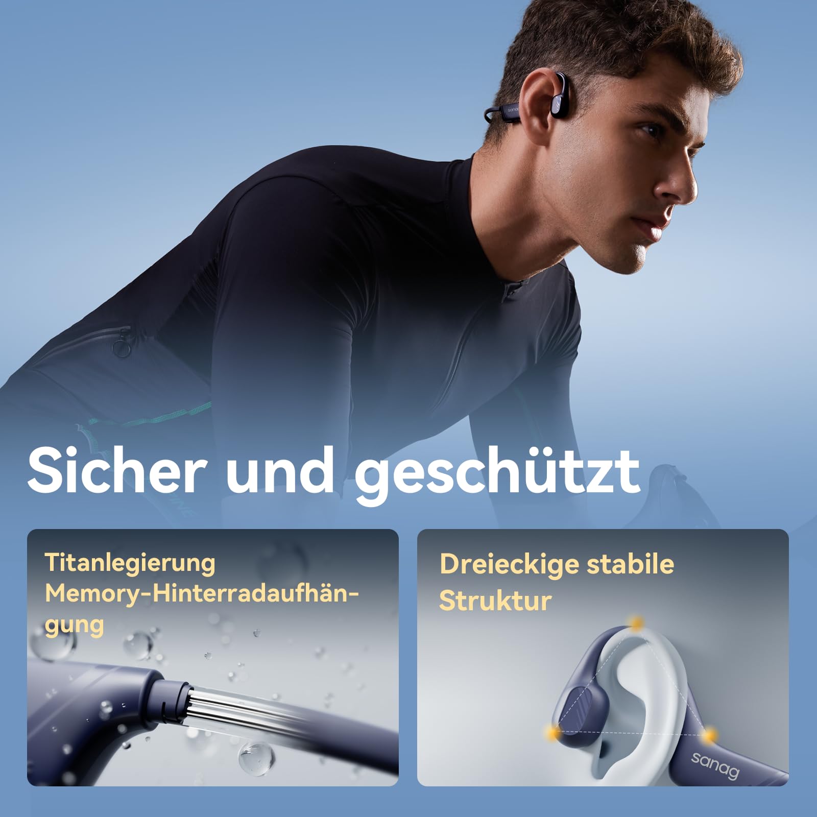 SANAG Knochenschall Kopfhörer, knochenschall kopfhörer Bluetooth, kopfhörer kabellos Bluetooth mit Mikrofon, Bluetooth 5.4, IPX5 wasserdichte, 10 Stunden Wiedergabezeit für Radfahren, Laufen