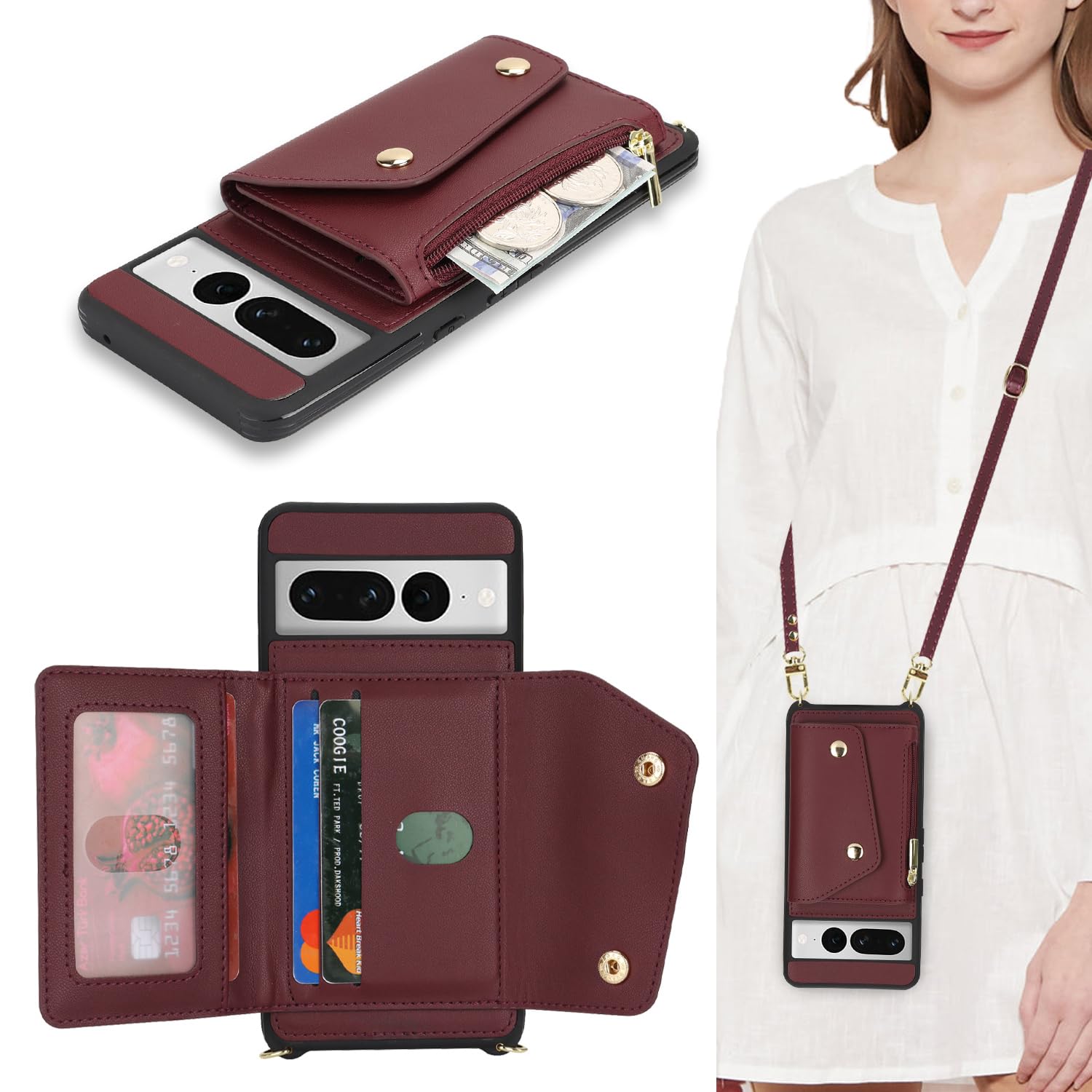 Lipvina for Google Pixel 7 Pro Case with Card Holder and Strap - Zipper Pocket,Crossbody Lanyard Strap,Credit Card Holder,Cute Phone Wallet Case for