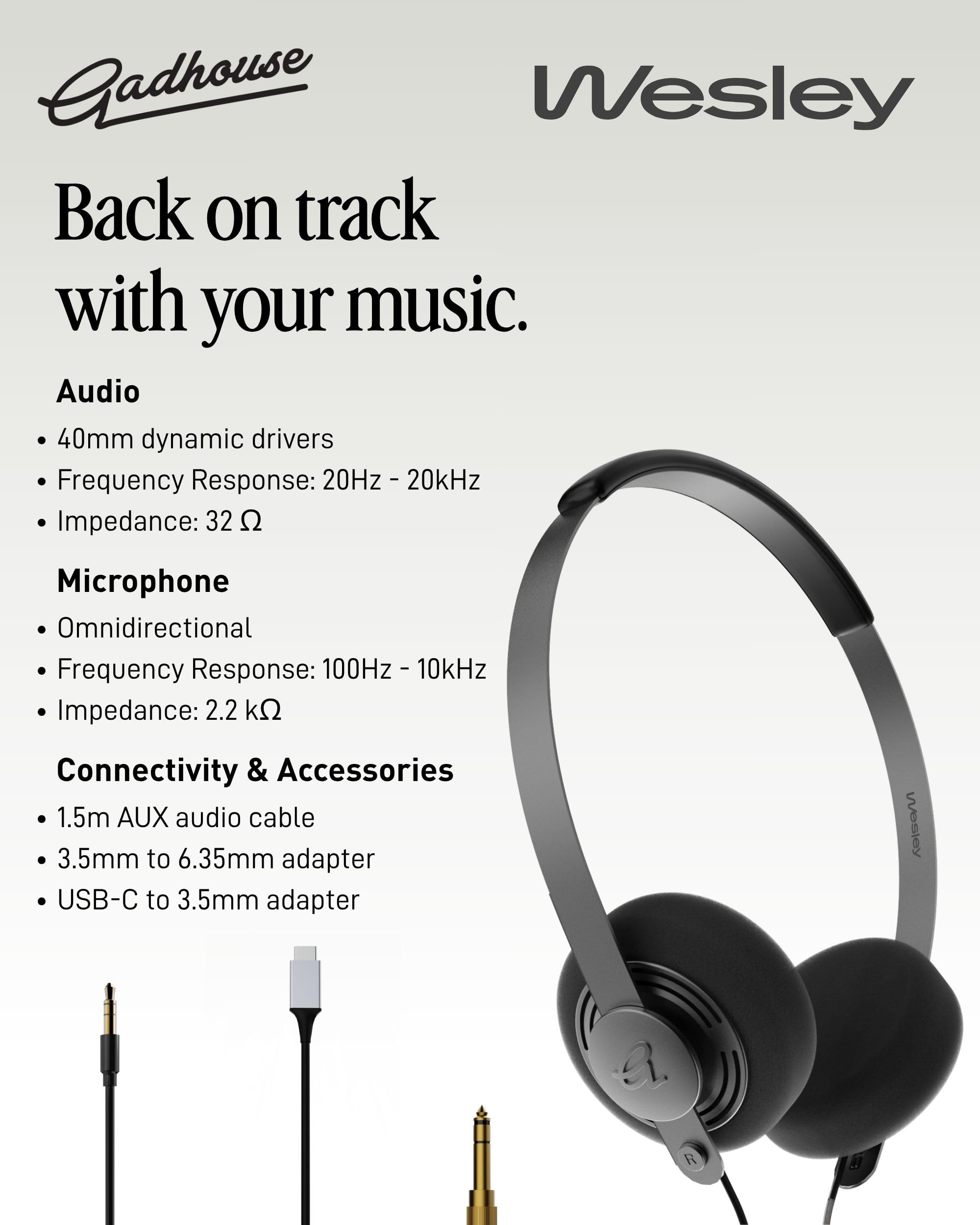 Gadhouse Wesley Casque rétro Filaire avec USB-C et connectivité 3,5 mm – Casque Vintage, Style Walkman Filaire avec Pilotes de 40 mm, Commandes de Micro intégrées et Design léger de 105 g pour la