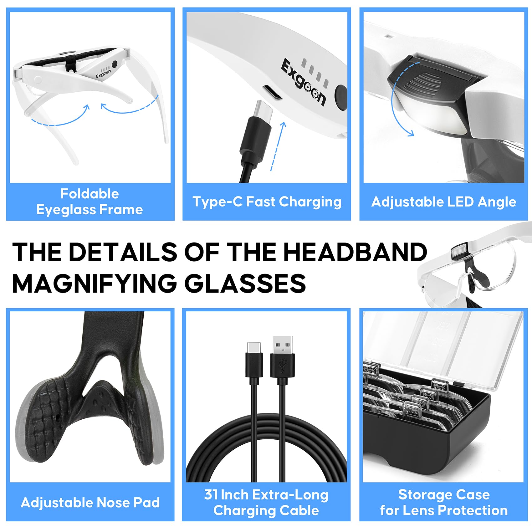 Gafas Lupa con luz led, Aumento de 1.5X a 5X con 4 Lentes reemplazables, Lupa Recargable Manos Libres con luz para Manualidades, Pintura de Diamantes y joyería (Blanco)