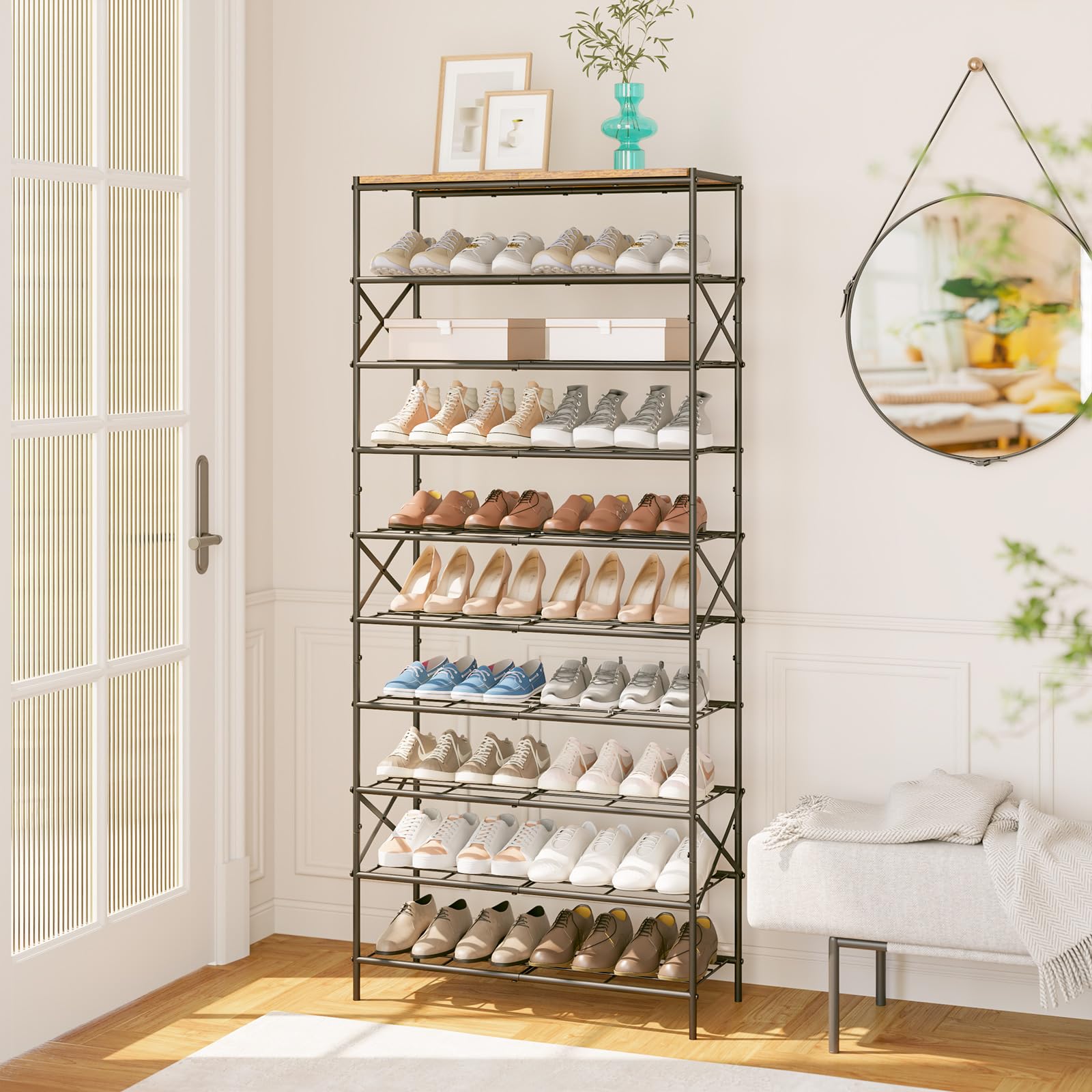 IBUYKE Zapatero con 10 Niveles, Gran Capacidad Estantería para Zapatos para 40 Pares de Zapatos, Organizador de Zapatos de Metal para Entrada Pasillo Sala de Estar, Marrón Rústico y Negro TXJ010H
