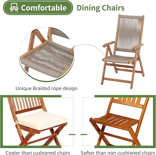 Miniatura 4 de OC Orange-Casual Juego de 2 sillas plegables de comedor para patio, sillas reclinables de cuerda de madera de acacia para exteriores con
