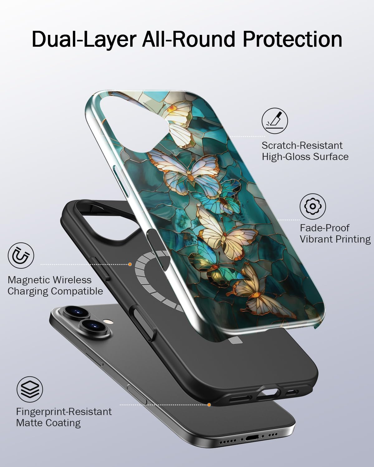 MERRO for iPhone 17 Case,Cute Aesthetic Y2K Phone Cover with Wildflower Designs for Women,Dual-Layer Silicone & Hard Shell Defense,Wireless Charging Compatible - Azure Mosaic Butterfly - 3