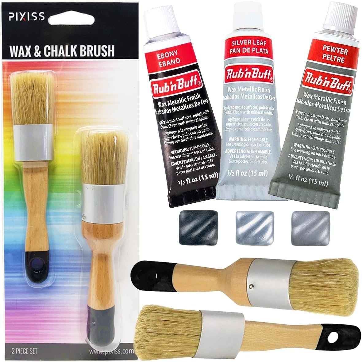 Rub 'n Buff Silver Tones and Pixiss Wax Brushes - 15ml of Silver Leaf, Pewter, Ebony - Gilding Wax Paint with Customizable Sheen - Dries Quick to a Metallic Finish - Round and Flat Boar Hair Bristles