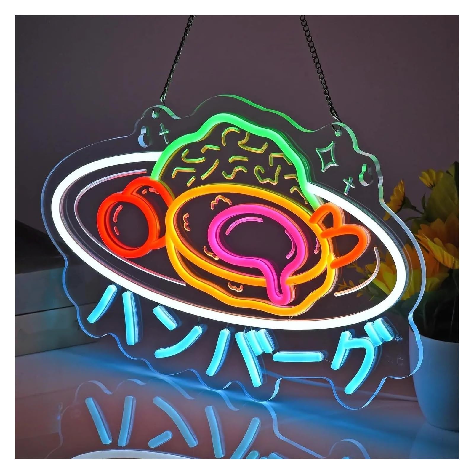 néon signe Enseigne Lumineuse LED Style Japonais Hamburg Steak, Intensité Variable, Luminaire Décoratif D'intérieur Pour Restaurant Boutique Café 41cmx27cm