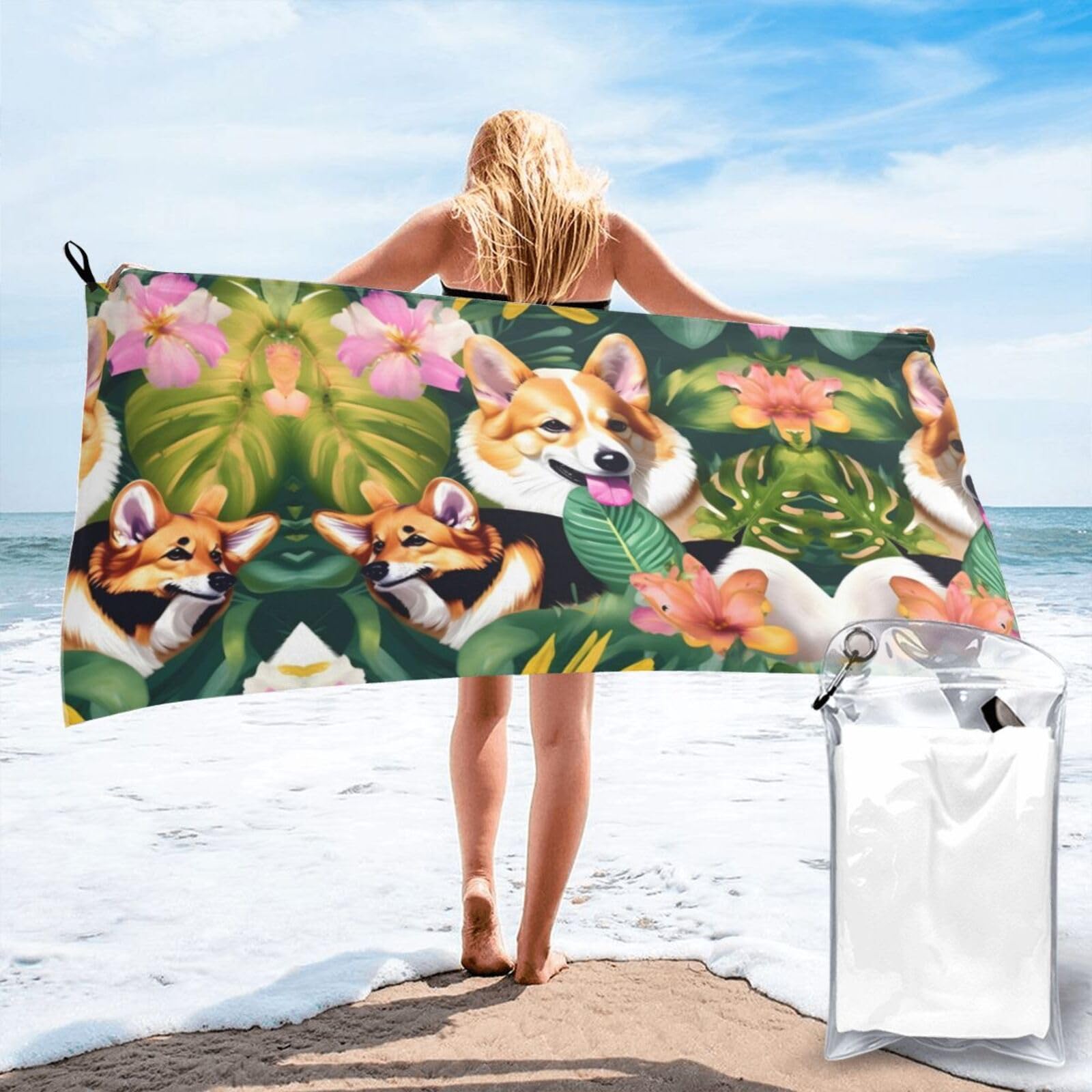 JIUTY Tropical Flower And Corgi Print Fast Dry Beach Towel Portable For Swimming Travel Gym Hiking Gift