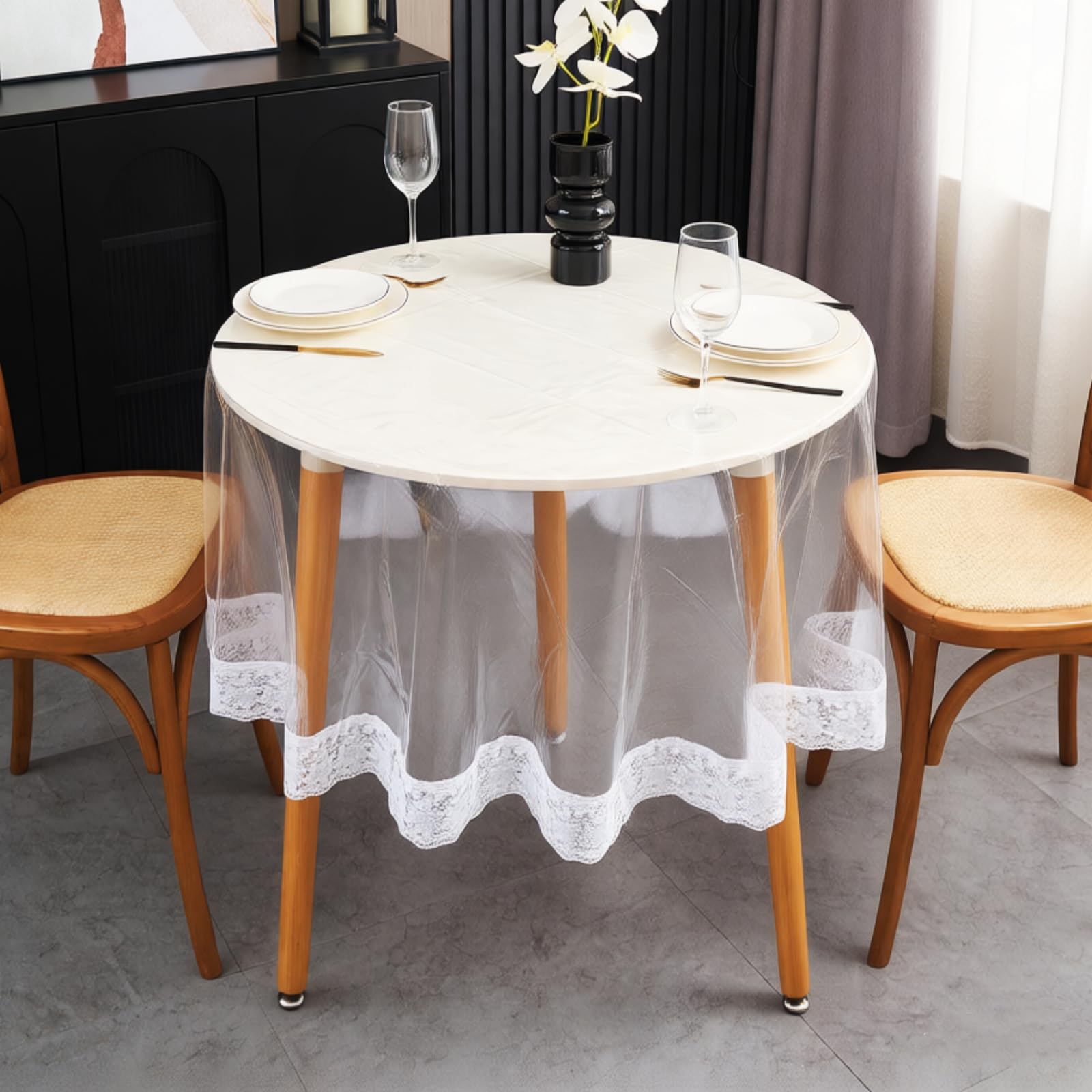 Pioggia Clear Vinyl Tablecloth Protector Transparent Lace Trim Table Cloth – Waterproof, Stain-Resistant,Plastic Cover Decorative – Perfect for