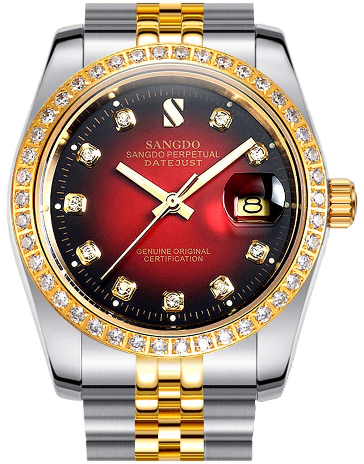 Sangdo Men's Automatic Wrist Watches Mechanical Calendar with Steel Band(Red Gold Silver)