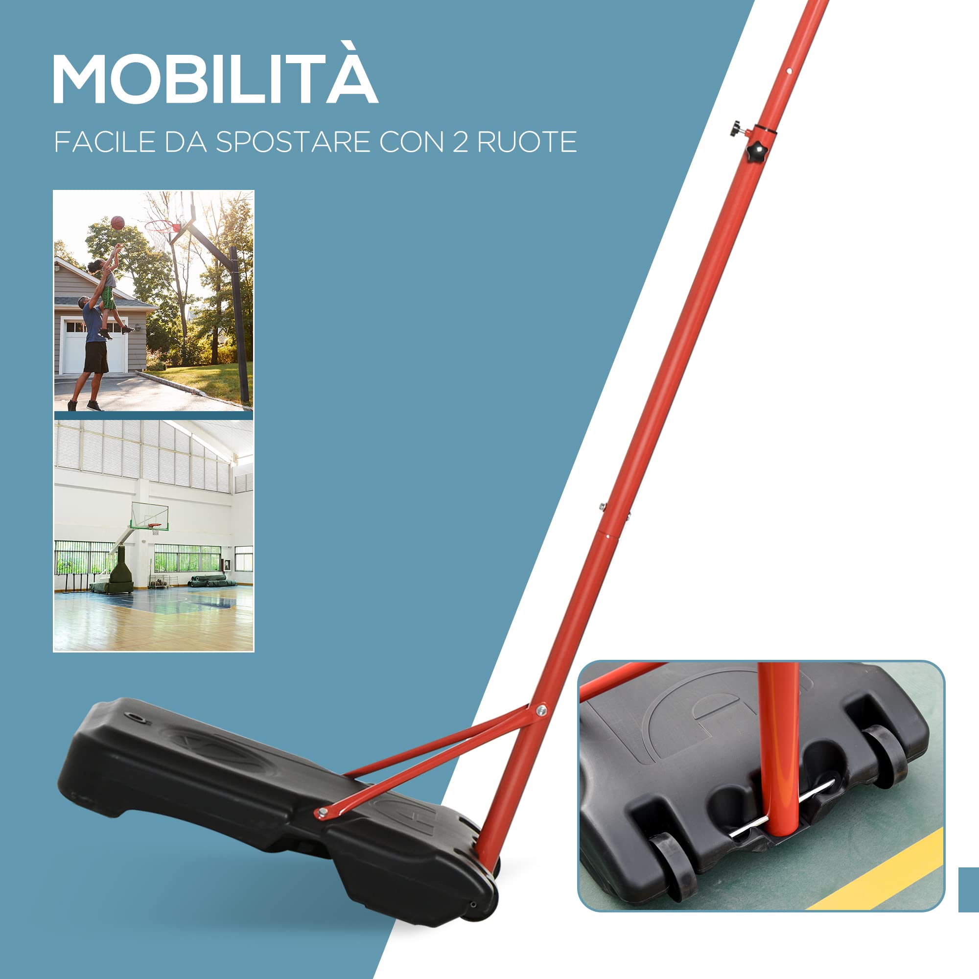 HOMCOM Canestro Portatile Canestro Basket da Esterno con Altezza Regolabile 193.5-248.5cm e Base da Riempire con Acqua o Sabbia, in Acciaio e Nylon 73x49x194-249cm