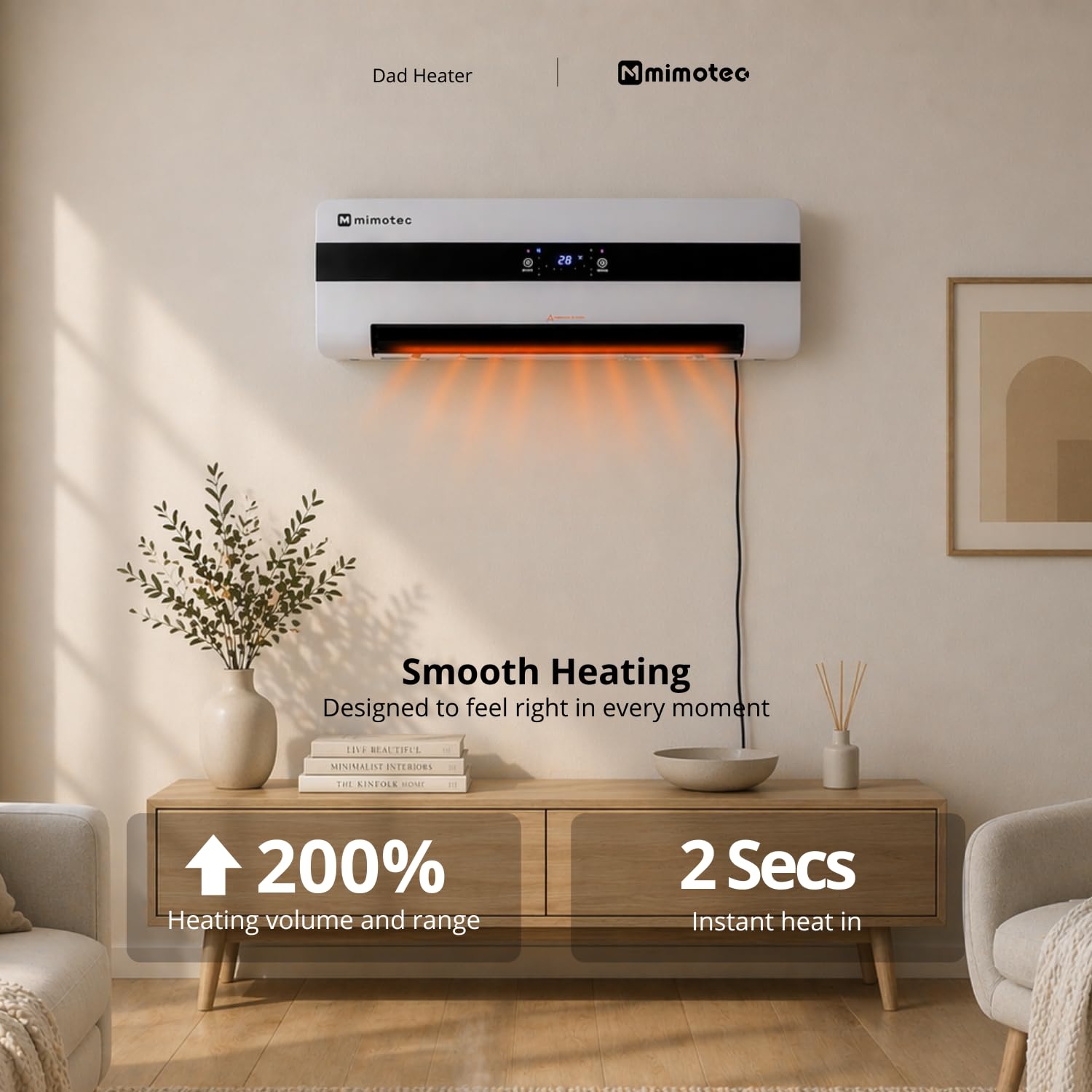M Mimotec – Termoventilatore ceramico da parete Dad 3000W, silenzioso <45 dB, con telecomando, display LED, timer e griglia oscillante, protezione IPX2 e contro il surriscaldamento