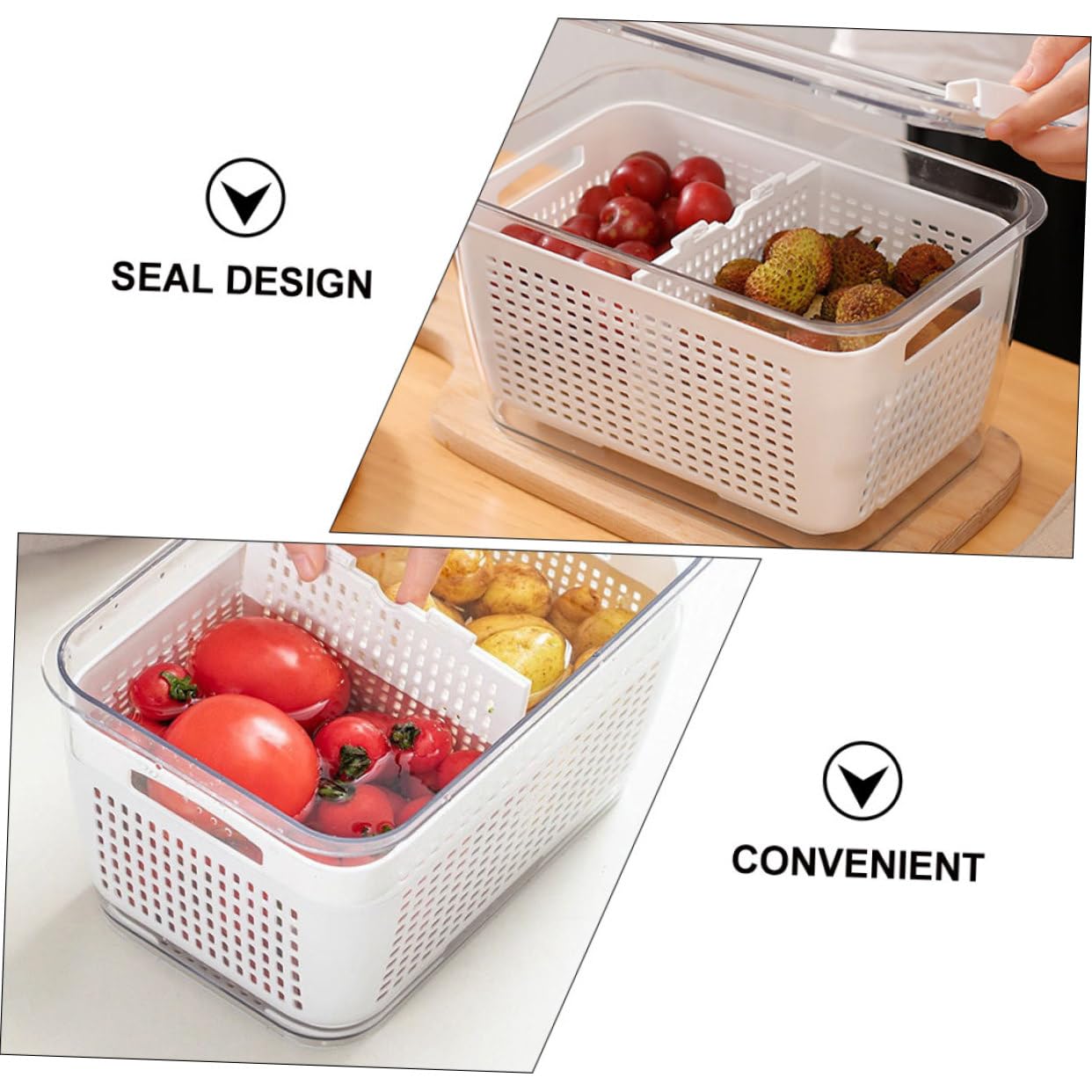 Cabilock Bacs de Rangement Multifonctionnels et Lot de 2 pour Réfrigérateur et 4,5l en Pet Blanc 1,7l Égouttoir Intégré Gain de Temps pour Légumes