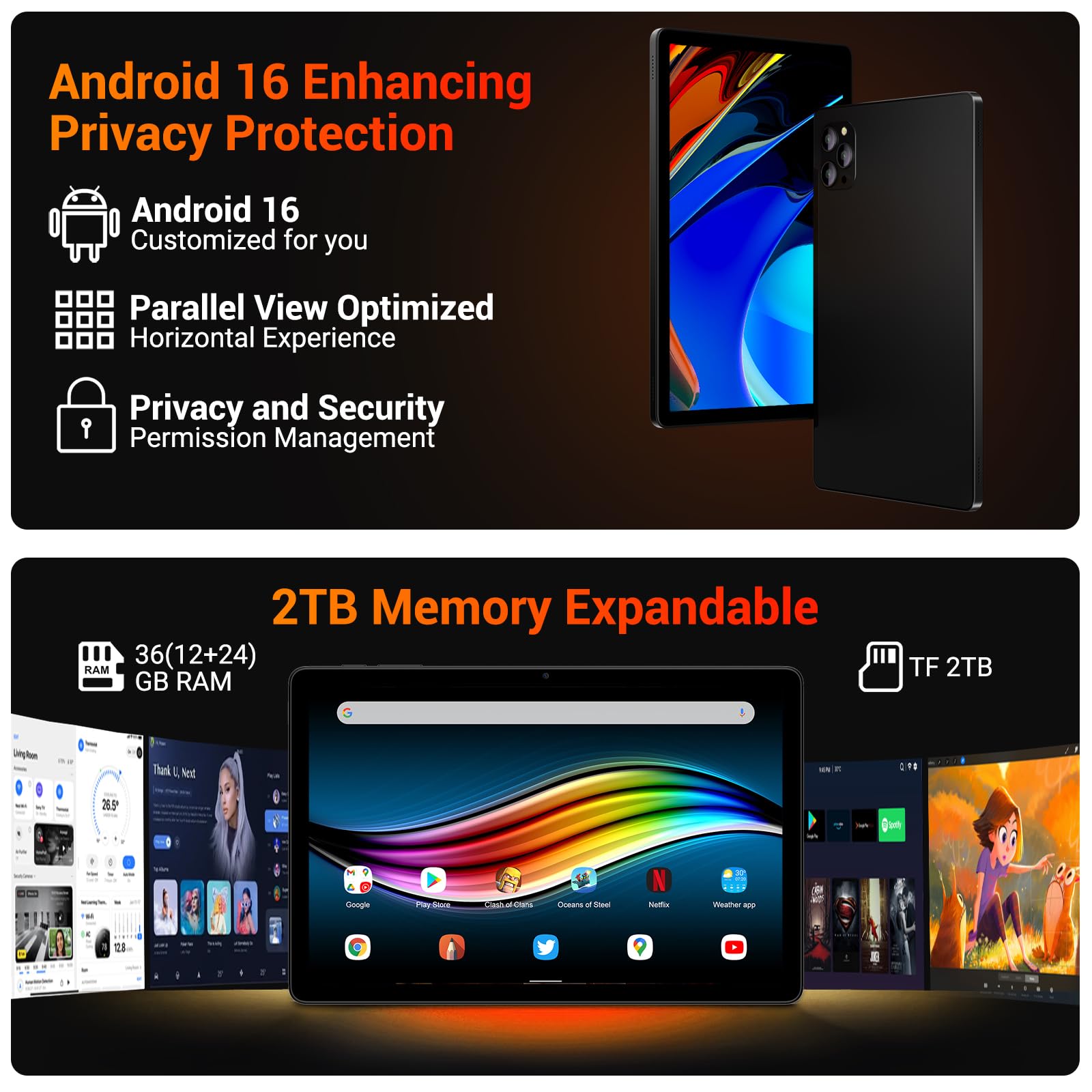 Android 16 Tablette 11 Pouces avec 36Go RAM+512Go ROM(2To TF), Octa-Core, 8000 mAh, 8MP+13MP, 5G WiFi/BT 5.0/GPS/Widevine L1/Gemini AI/Claviers/Souris/Stylet et Tablette Tactile-Noir