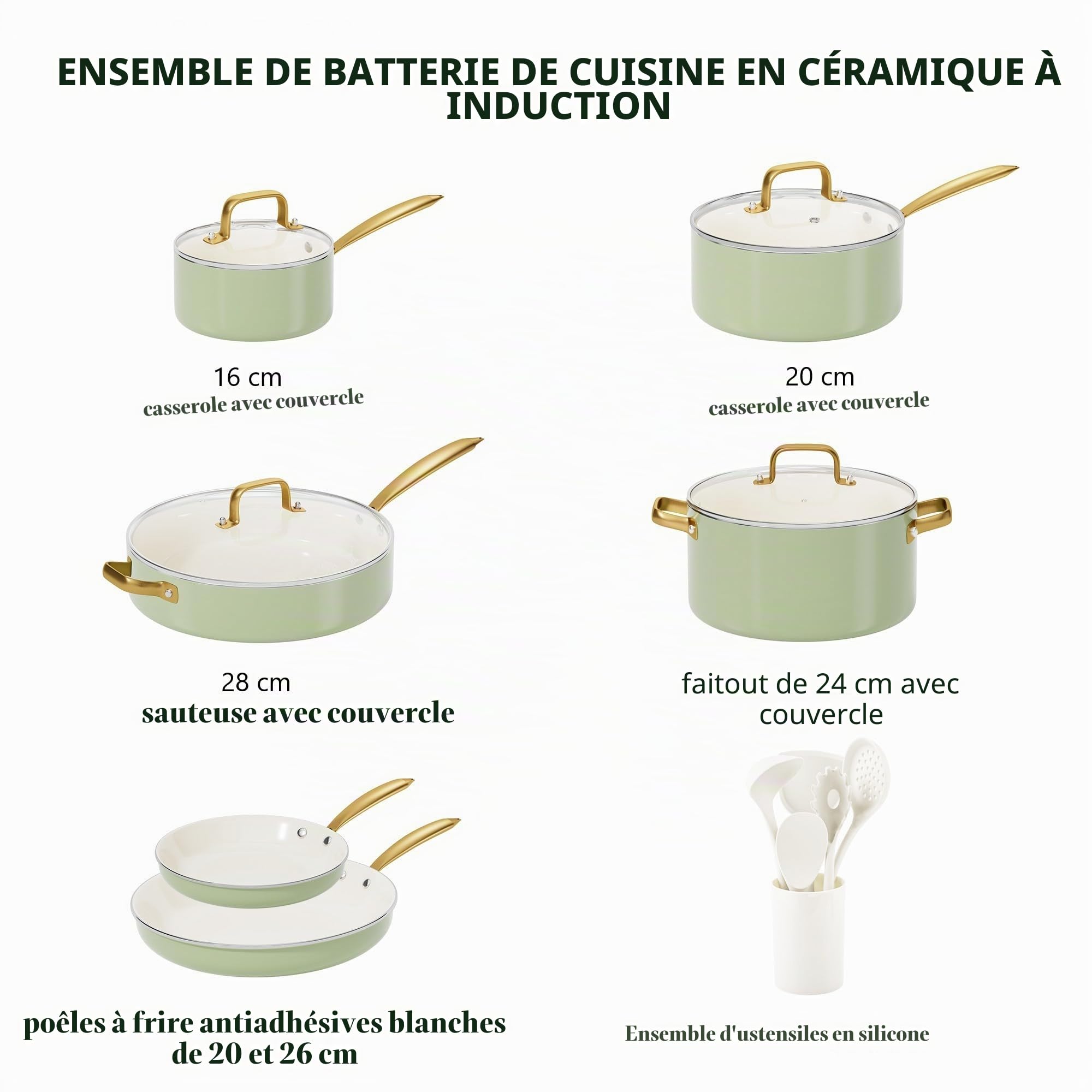 RIOVARM Induction Set de casseroles et poêles avec couvercles, Céramique antiadhésif Batterie de cuisine, Set d'essentiels de cuisine Poêle à frire Sauteuse Poêle à sauce Spatules