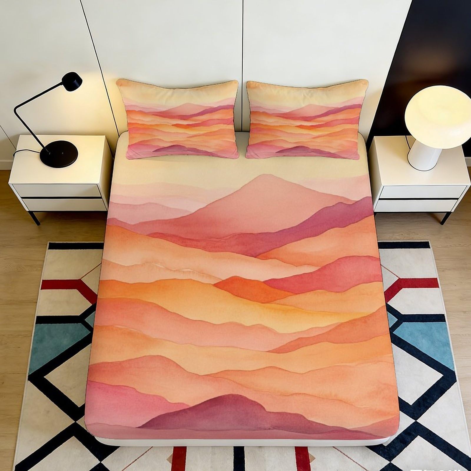 3D Printed Sunset Mountain Fitted Sheet Microfiber Soft Breathable Abstract Landscape Bed Cover for Bedroom Dorm Mattress Protection Decor 200x200x25cm