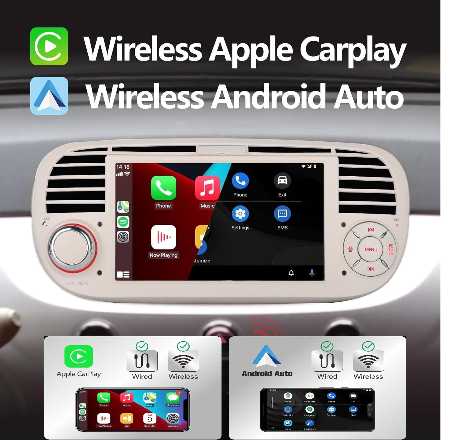 Wireless Carplay und Android Auto Autoradio für FIAT 500 2007-2015, Mirror Link Bluetooth 5.0 mit 7 Zoll Touchscreen RDS AM/FM USB DSP High Power Subw EQ SWC (Weiß)